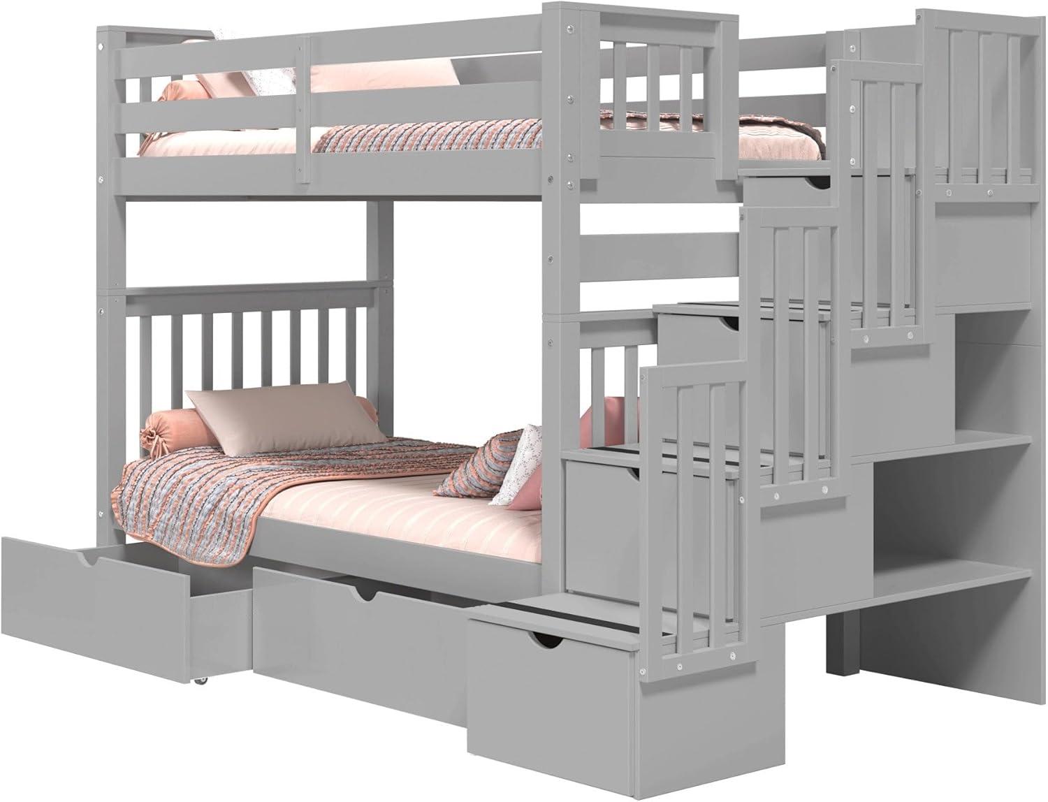 Bedz King Tall Stairway Bunk Beds Twin over Twin with 4 Drawers in the Steps and 2 Under Bed Drawers, Gray