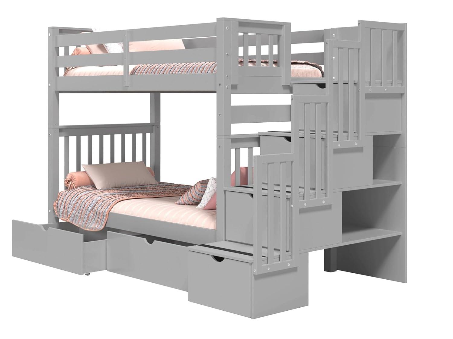 Bedz King Tall Stairway Bunk Beds Twin over Twin with 4 Drawers in the Steps and 2 Under Bed Drawers, Gray