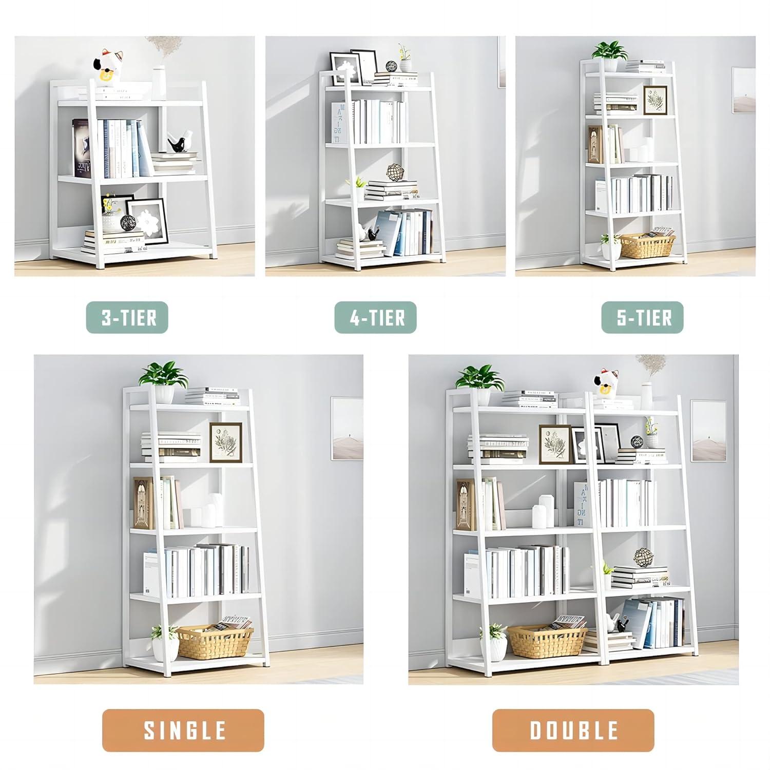 IOTXY 5 Tier Open Bookshelf - Steel and Wood Display Stand, 50CM Width Floor-Standing Bookcase, White