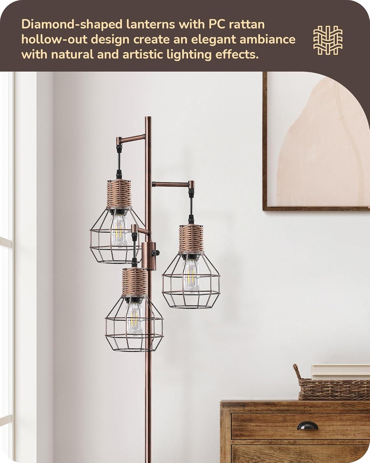 EDISHINE Dimmable Rustic Floor Lamp, Farmhouse Standing Lamp with 3 LED Edison Bulbs, Rattan Design Floor Lamps for Living Room, Bedroom, Reading Corner, Office, Electroplated Brushed Red Copper