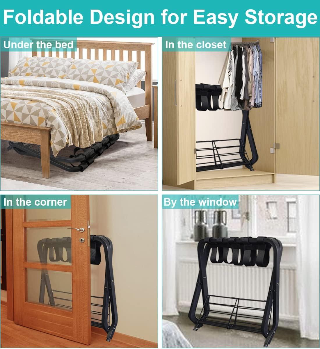 BINO Folding Luggage Rack With 2-Tiers Storage Shelf, Foldable Steel Frame Luggage Organizers For Suitcase, Metal Luggage Holder For Guest Room, Bedroom, Hotel, Closet, Black, 1Pack