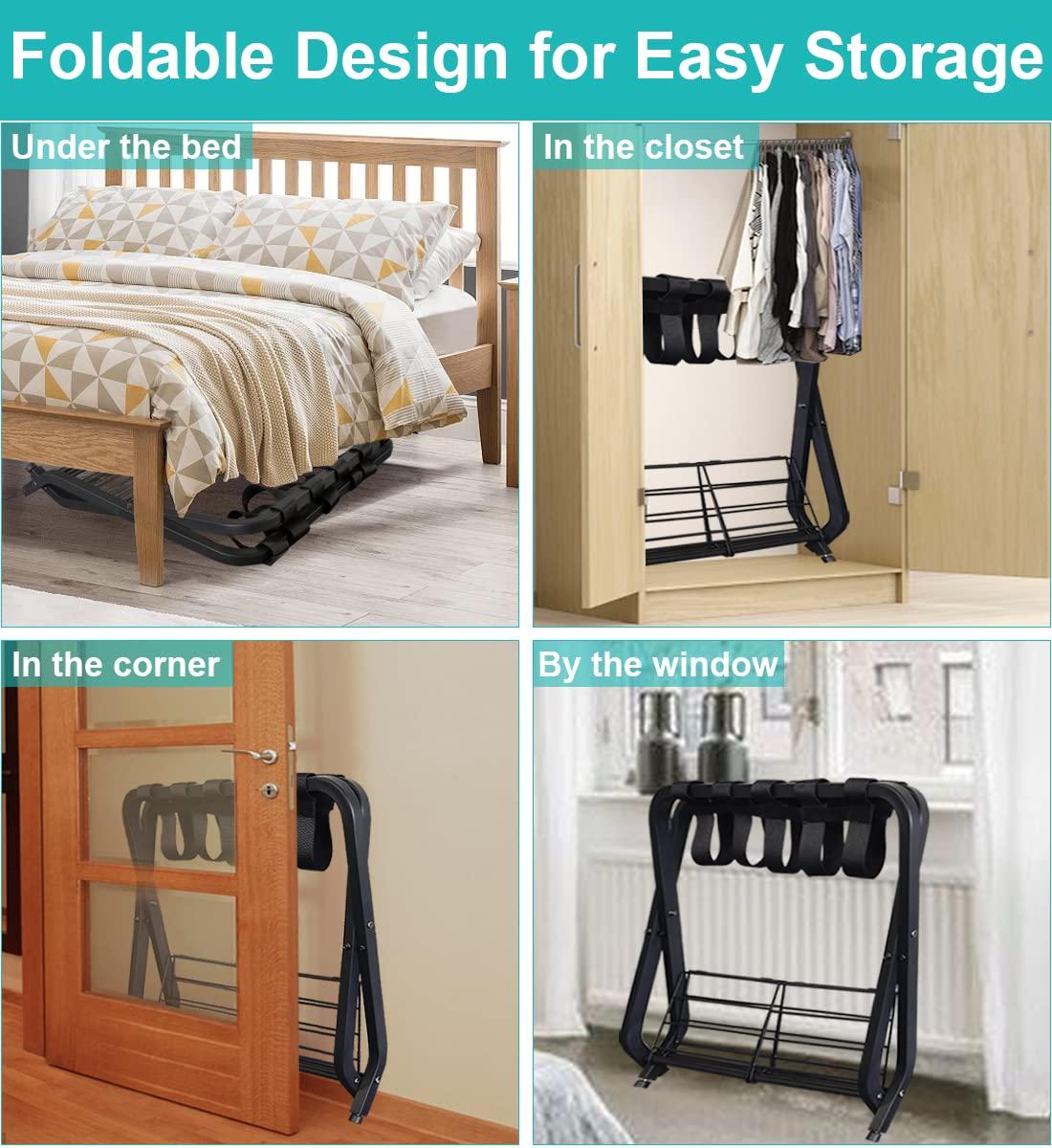 BINO Folding Luggage Rack With 2-Tiers Storage Shelf, Foldable Steel Frame Luggage Organizers For Suitcase, Metal Luggage Holder For Guest Room, Bedroom, Hotel, Closet, Black, 1Pack