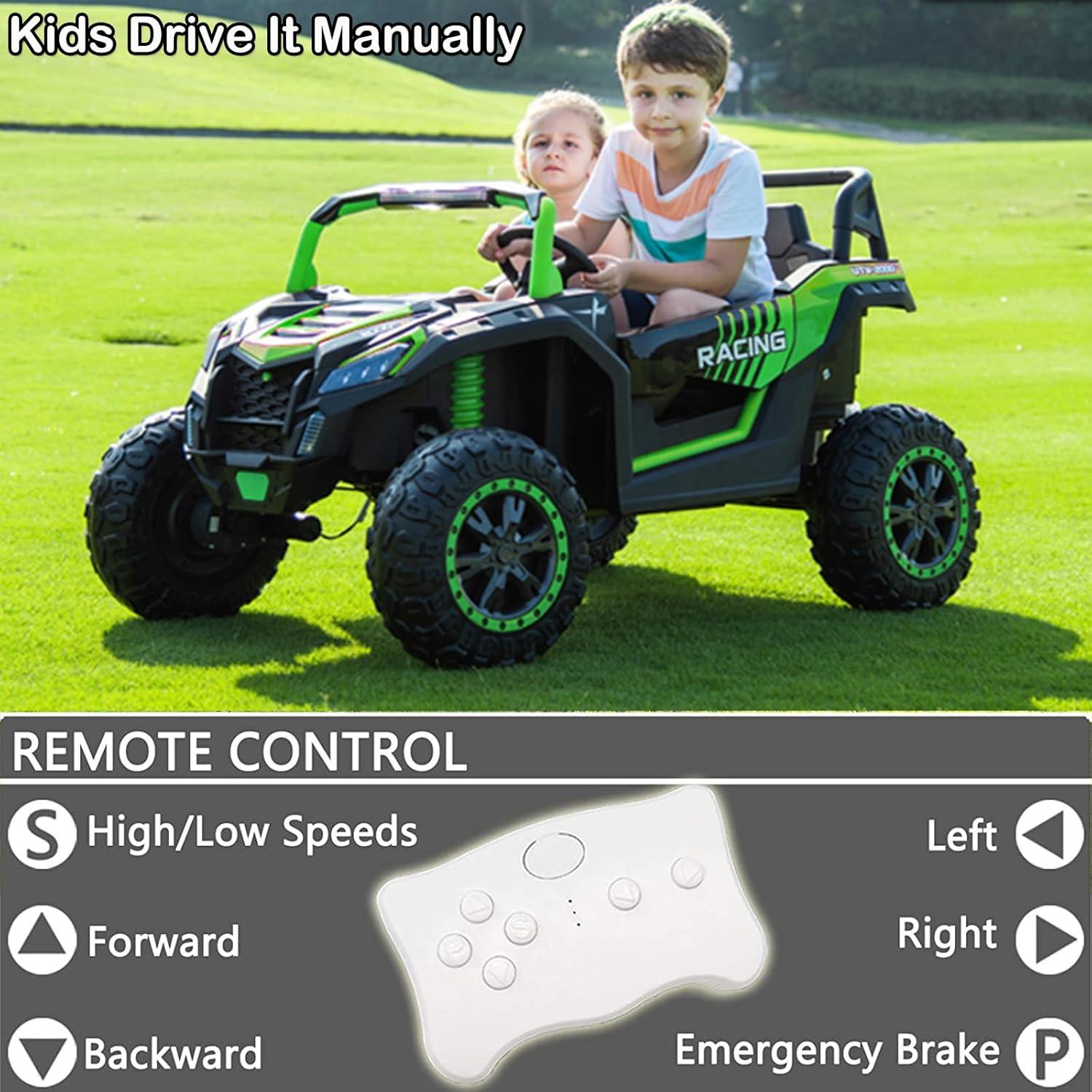 24V Ride on Car 2 Seater Ride on UTV 4X4 Off-Road UTV for Kids 4X200W Powerful Motor Kids' Electric Vehicles with Remote Control, Spring Suspension, Led Light, Bluetooth Music, Green