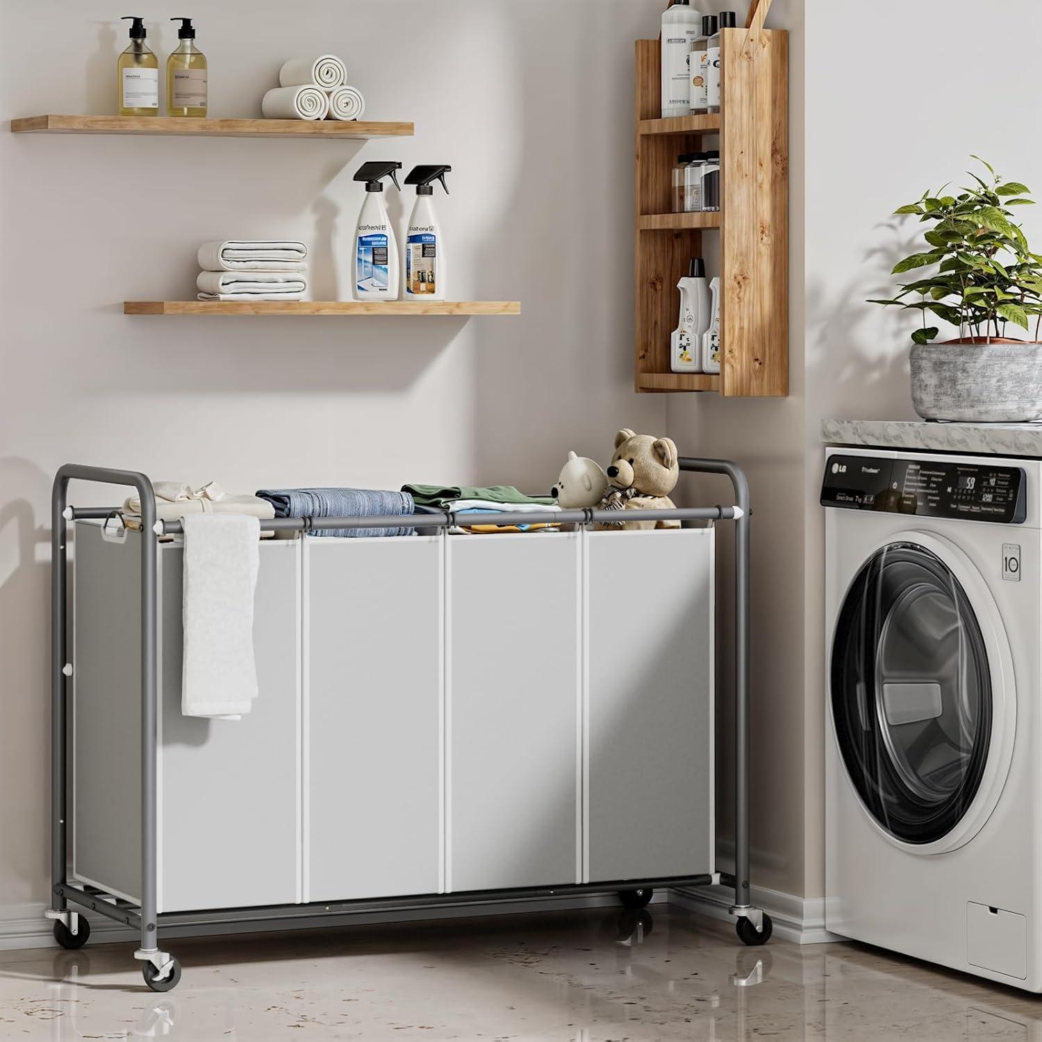 Gray Metal Frame 4-Compartment Laundry Sorter with Wheels