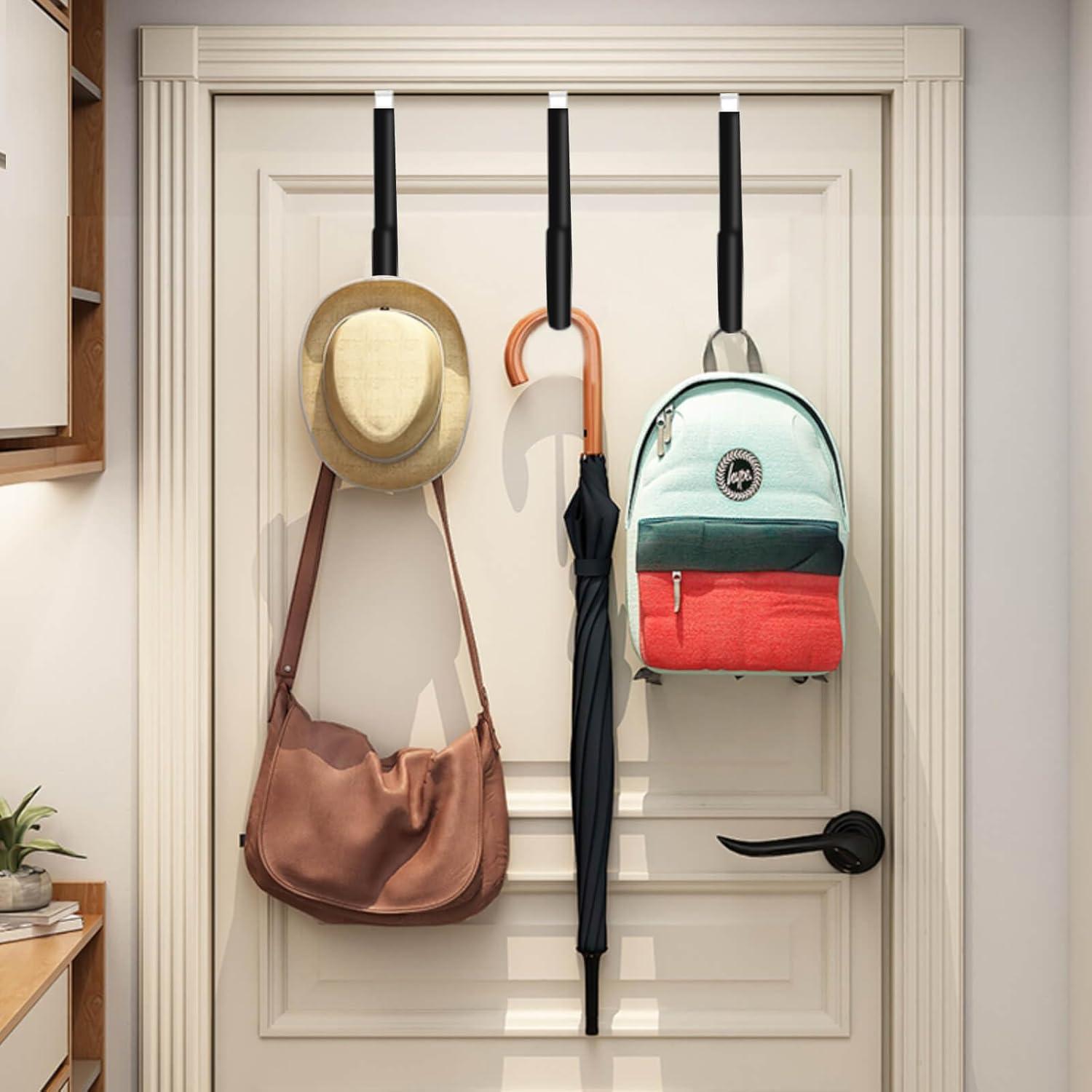 Over The Door Hooks, 4 Pack Upgraded Long Door Hangers Hooks with Rubber Prevent Scratches Heavy Duty Organizer Hooks for Hanging Clothes, Towels, Hats, Coats, Bags Black