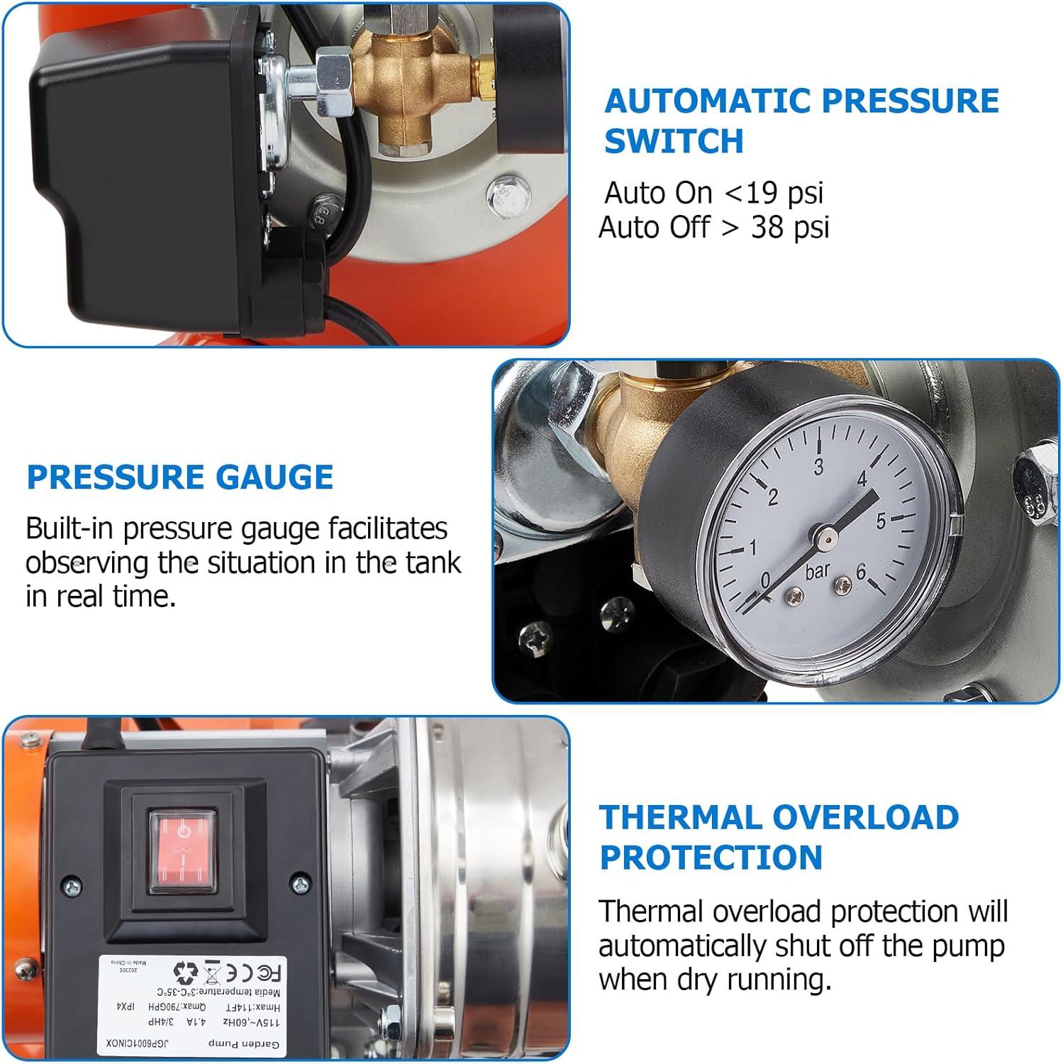 1HP Stainless Steel Shallow Well Pump with Orange Pressure Tank