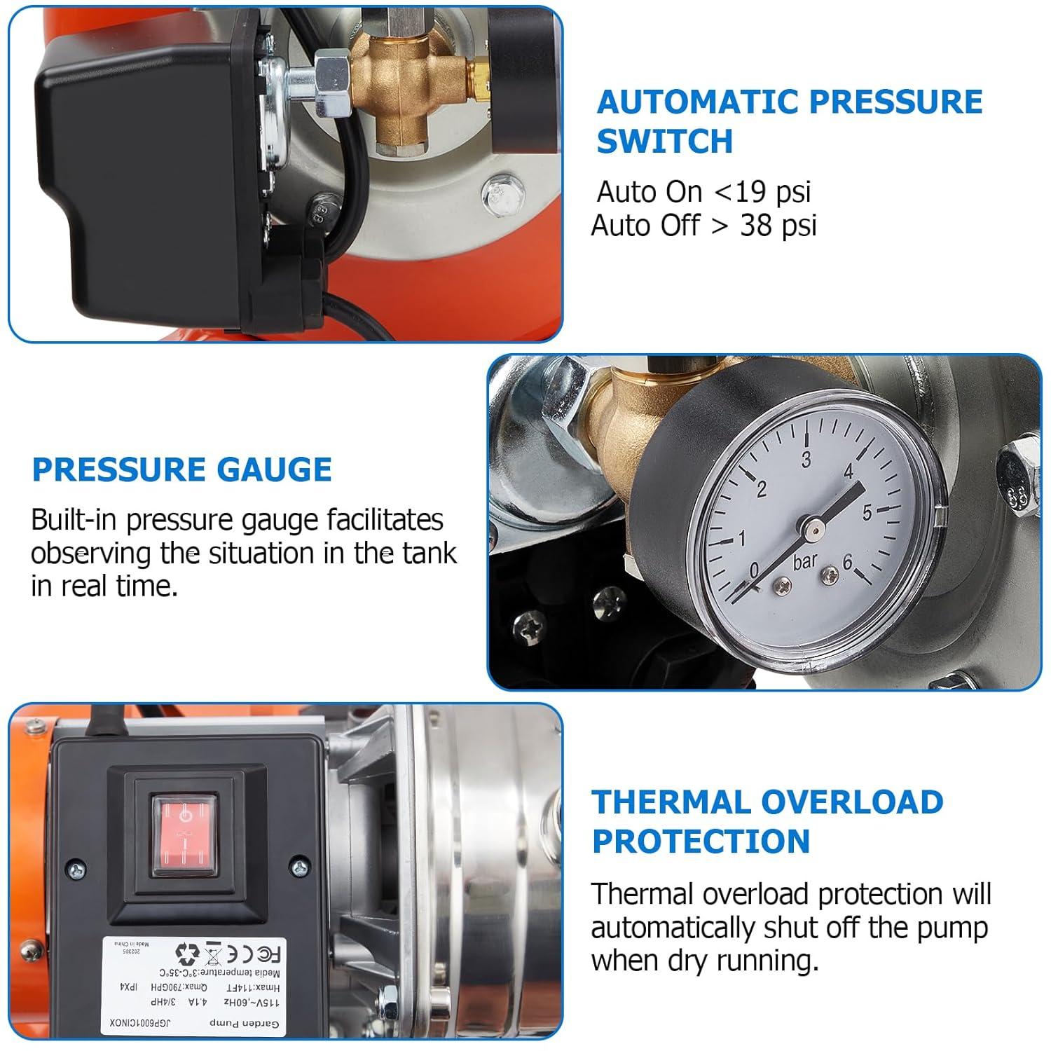 1HP Stainless Steel Shallow Well Pump with Orange Pressure Tank