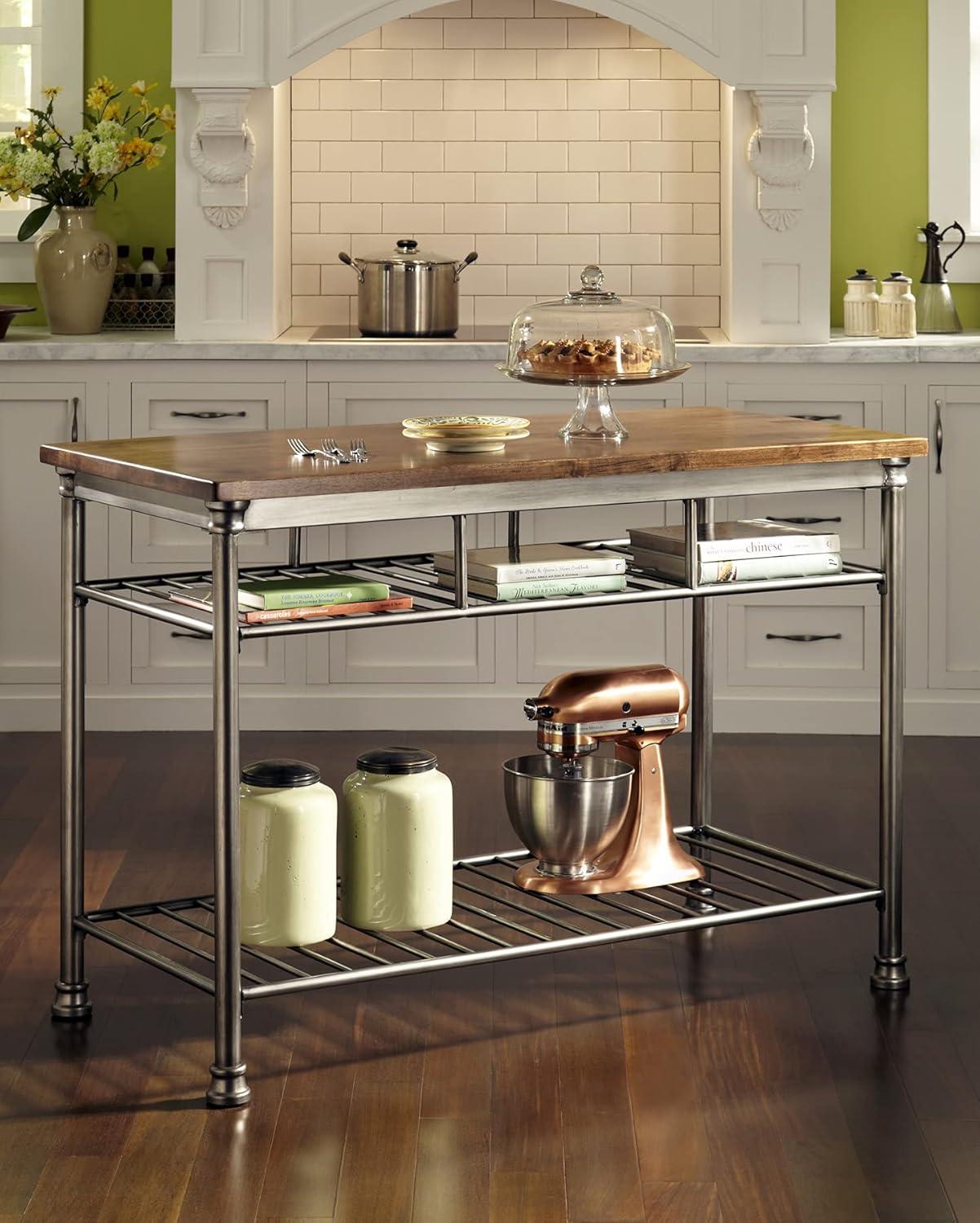 Orleans Kitchen Island: Homestyles Metal Frame, Wood Surface, 2 Shelves Storage Cart - Brown