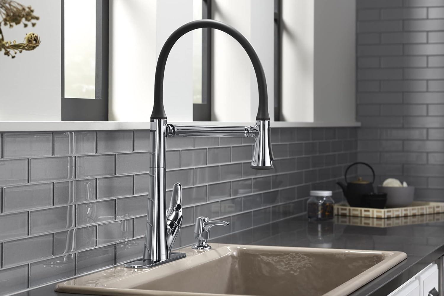 Polished Chrome Articulating Pull-Down Kitchen Faucet with Soap Dispenser