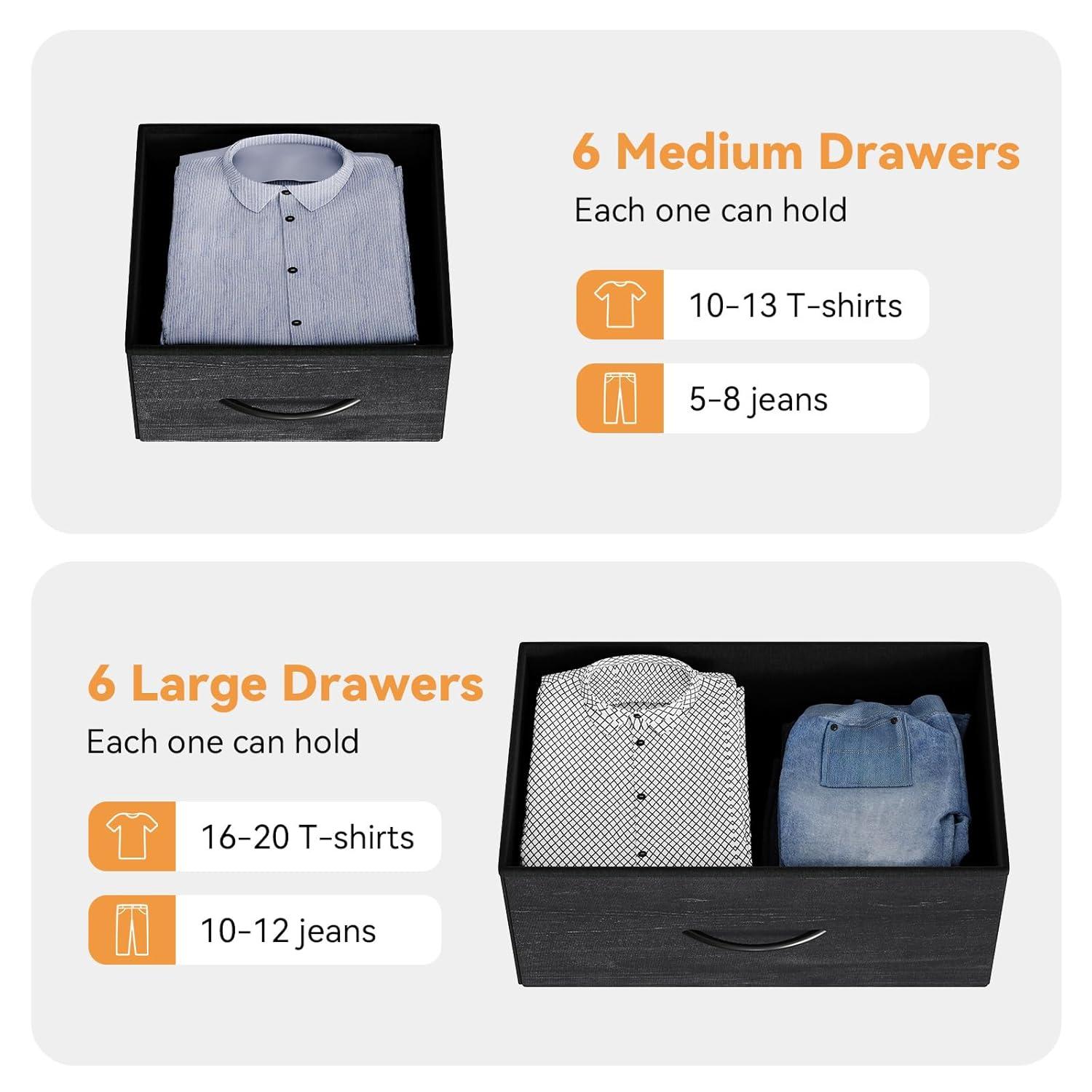 AOWOS 12 Drawer Dresser for Bedroom Fabric Storage Tower Black Dresser with Wood Top Sturdy Steel Frame Storage Organizer Unit