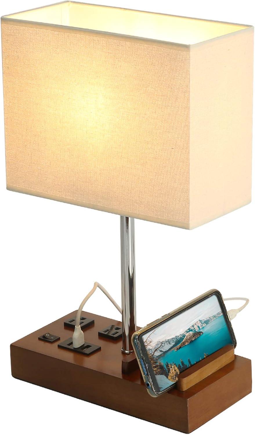 Briever USB Table Lamp, Multi-Functional Bedside Desk Lamp with 2 AC Outlets, 3 USB Charging Ports and Wooden Phone Stands, Modern Nightstand Lamp for Bedroom, Guest Room, Office