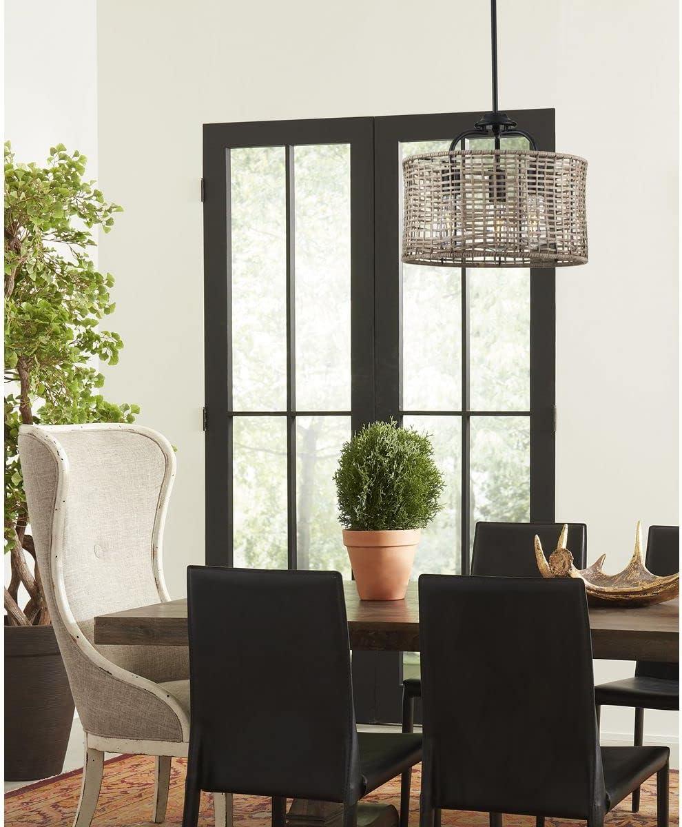 Matte Black and Rattan 3-Light Semi-Flush Mount Ceiling Light