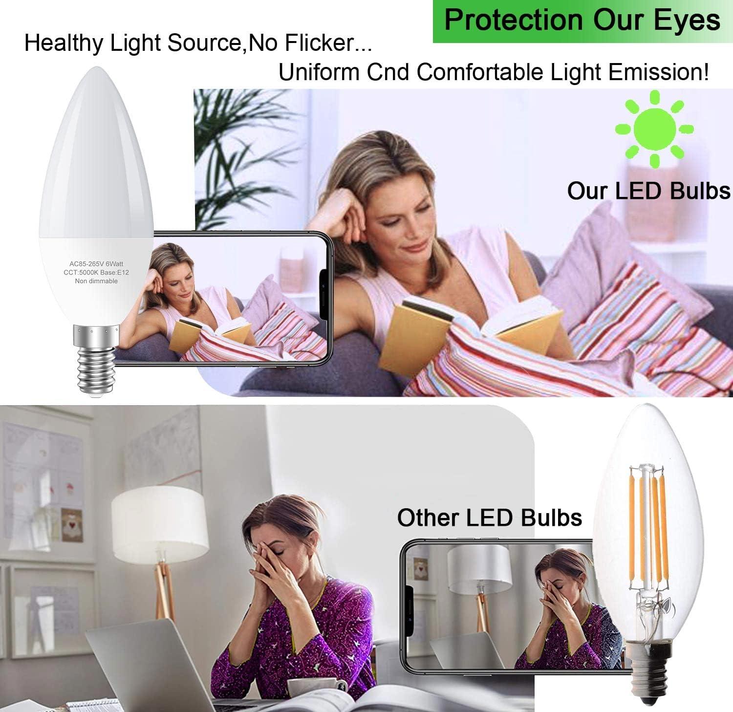 TGMOLD 6W LED E12 Candelabra Light Bulbs, 6 Watts (60W Equivalent), Daylight White 5000K, Chandelier Bulbs for Table Lamp, Chandelier, Ceiling Fan, Kitchen, 6 Pack