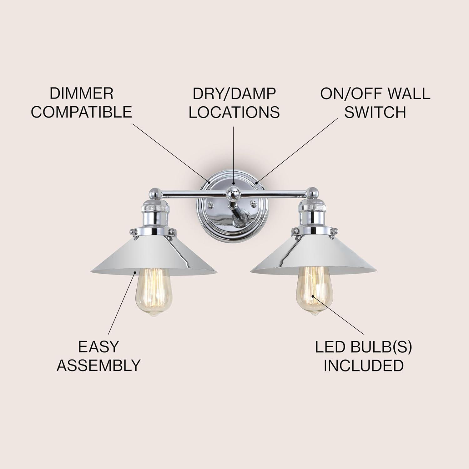 17.5" Metal June Vanity Wall Light Silver - JONATHAN Y: Chrome Finish, Industrial Style, ETL Listed, 2-Light Fixture