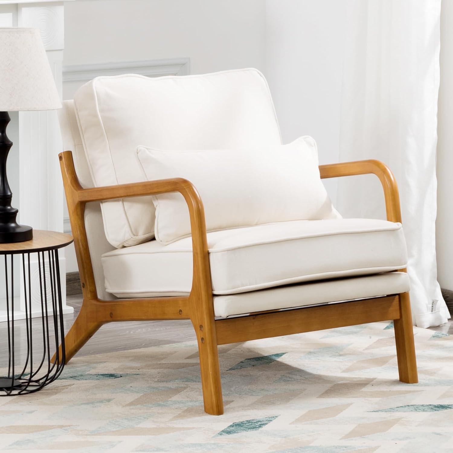 Beige Linen Armchair with Wood Frame and Pillow