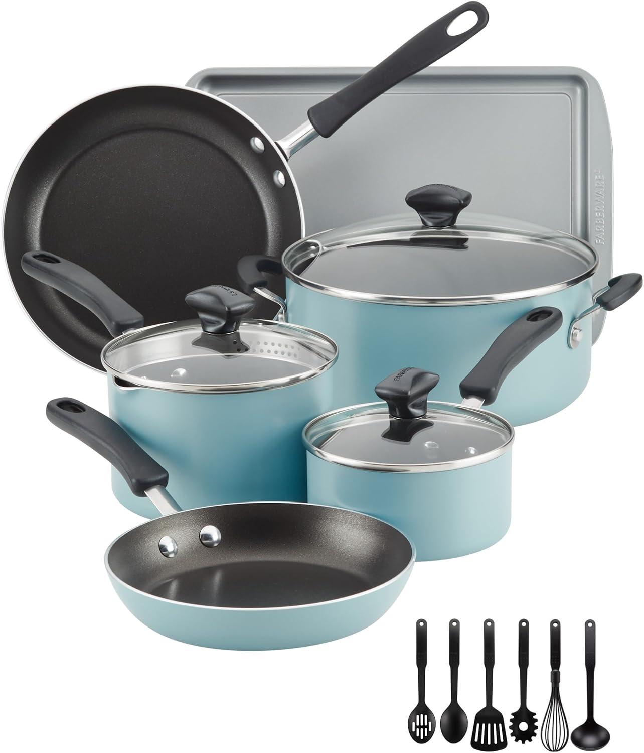 Farberware Cookstart Aluminum DiamondMax Nonstick Cookware Set, 15-Piece, Aqua