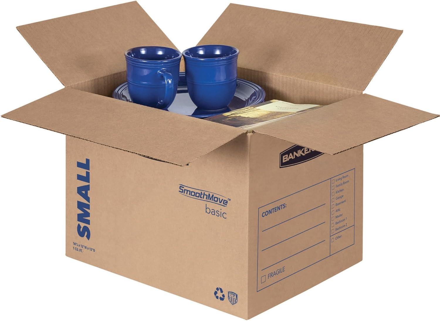 SmoothMove Basic Moving Boxes, Small Internal Dimensions: 12" Width x 16" Depth x 12" Height - External Dimensions: 12.3" Width x 16.5" Depth x 12.6" Height - Heavy Duty - Corrugated - Kraft, Black