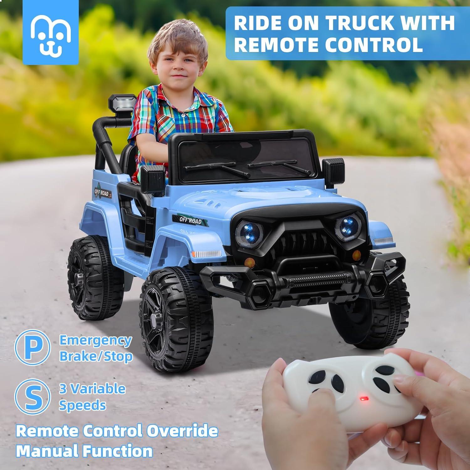 12V Kids Ride On Truck, Toddlers Battery Powered Electric Vehicle with Remote Control, Ride On Toy Car with 3 Speeds, Spring Suspension Headlight, Music for Boys Girls 3-8, Blue