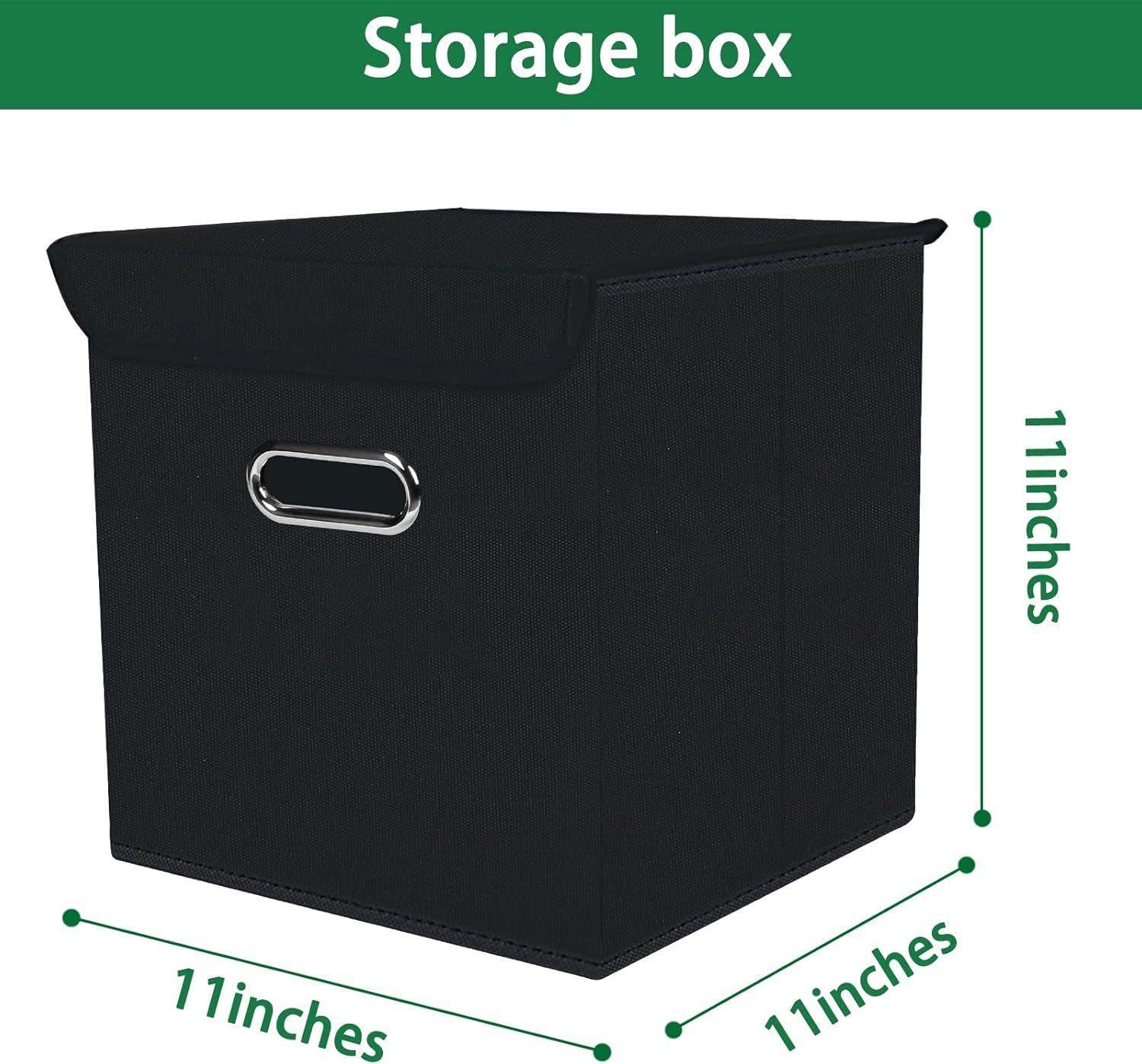 Fabric Storage Cube Bins Foldable Organizer Container Collapsible Basket with Lids and Metal Handles, for Home, Bedroom, Closet (Black, 3 Pcs)