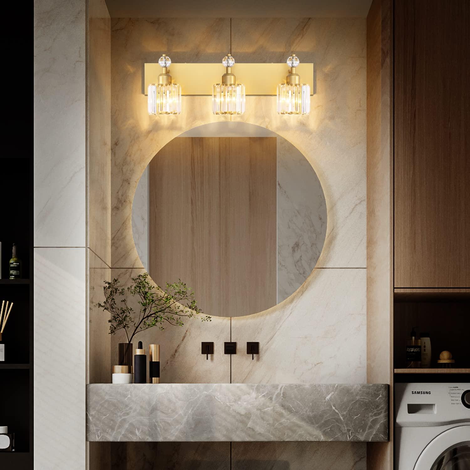 PRESDE Black Crystal Bathroom Lights Fixtures Over Mirror Modern 3 Light Vanity Lighting Bathroom Wall Light Fixtures(Exclude Bulb)