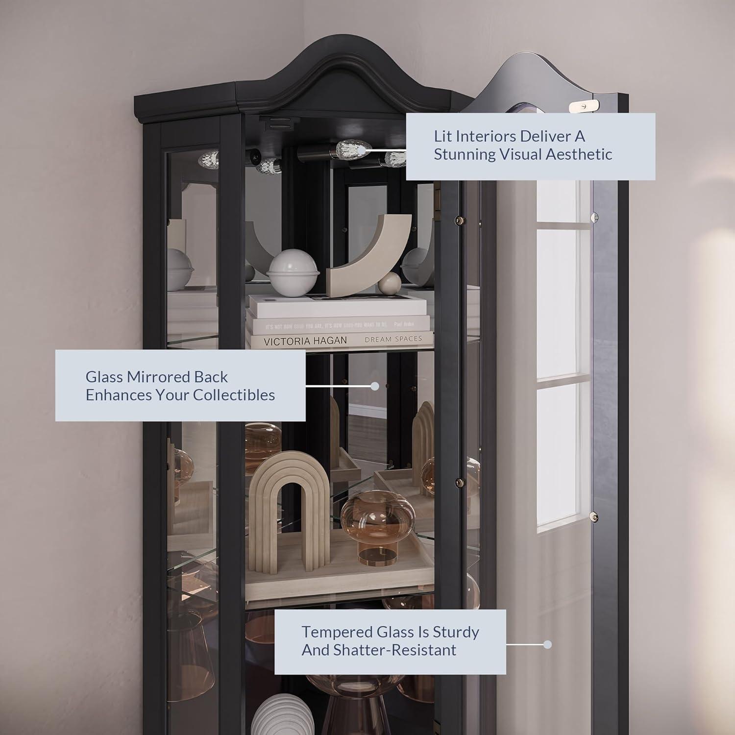 BELLEZE Lighted 3-Side Glass Display Curio Cabinet w/ Tempered Glass Doors and Shelves, Curved Wood Corner Cabinet with Bulb, Corner Storage Decoration Rack for Living room & Bedroom Loraine (Black)
