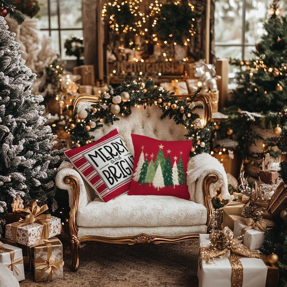 BEAUTY Merry Christmas Throw Pillow Covers 18 x 18 Inch Set of 4  Red Barn Merry & Bright Xmas Farmhouse Holiday Pillowcases for Home Outdoor Decoration CP053-18