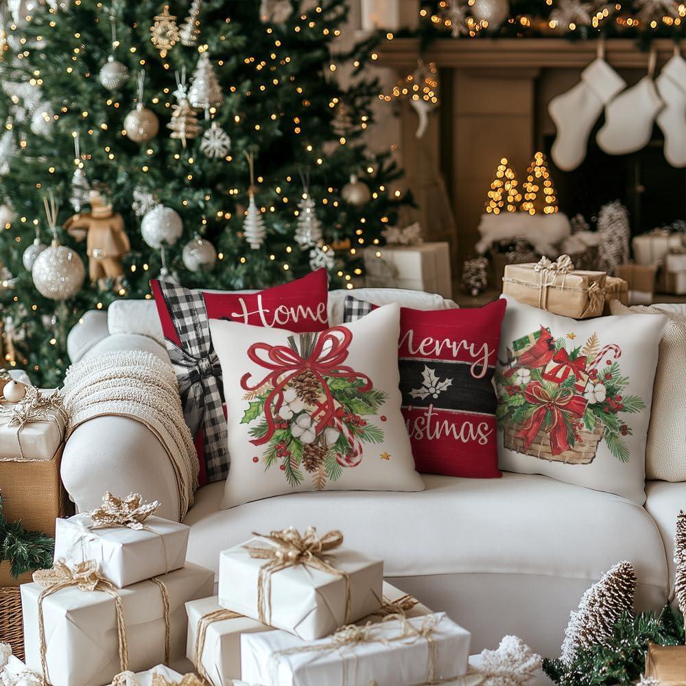 BEAUTY Merry Christmas Throw Pillow Covers 18 x 18 Inch Set of 4  Red Barn Merry & Bright Xmas Farmhouse Holiday Pillowcases for Home Outdoor Decoration CP053-18