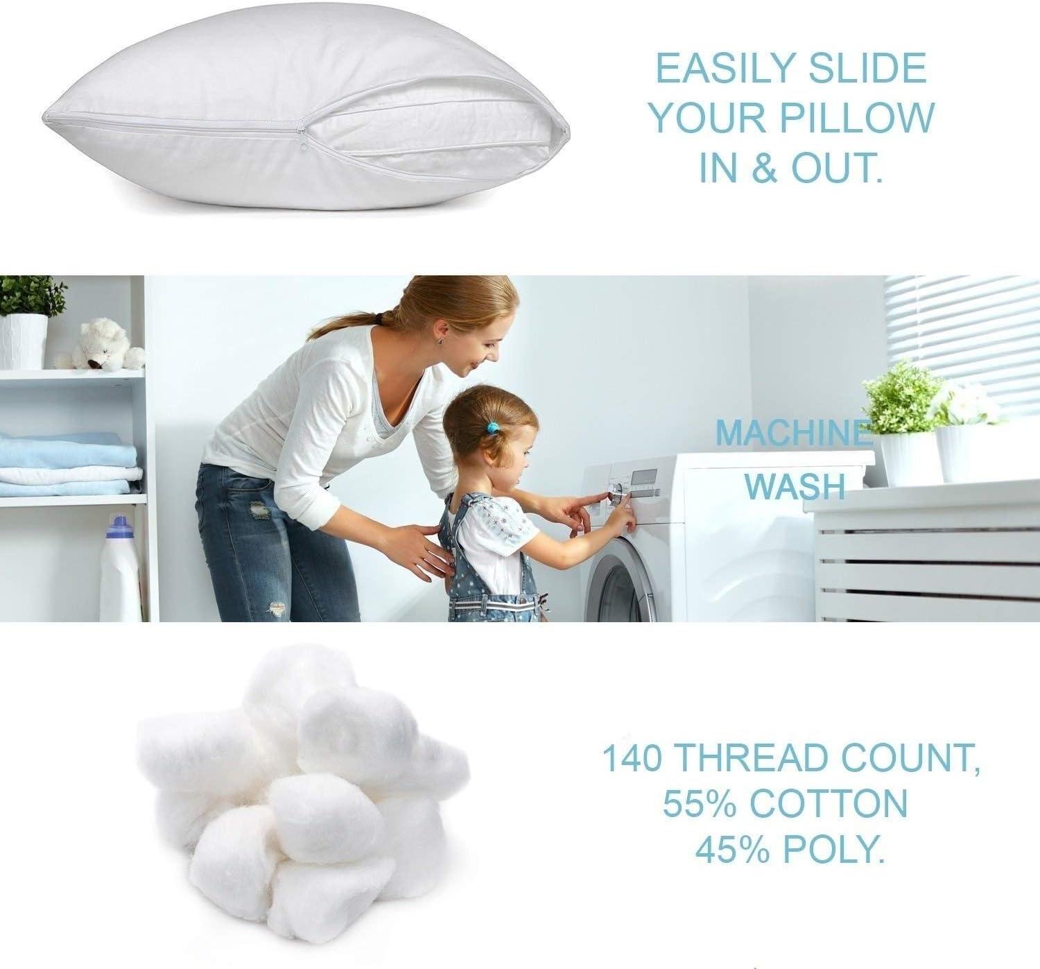 Poly-Cotton Zippered Pillow Cover - King Size Pillow Protector - Protects from Dirt, Dust, and Debris - 2 Pack