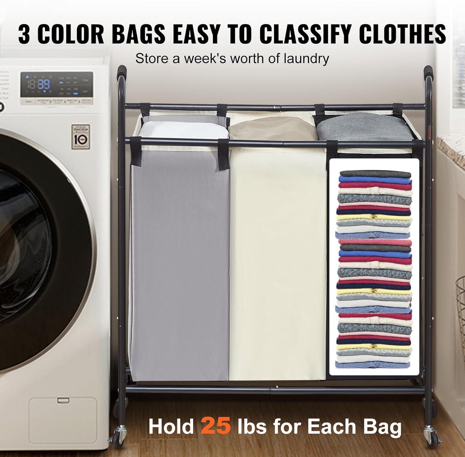 VEVOR 3-Section Laundry Basket, Heavy Duty Laundry Hamper Storage Organizer, Laundry Sorter Cart with Heavy Duty Lockable Wheels for Dirty Clothes in Laundry Room Bedroom