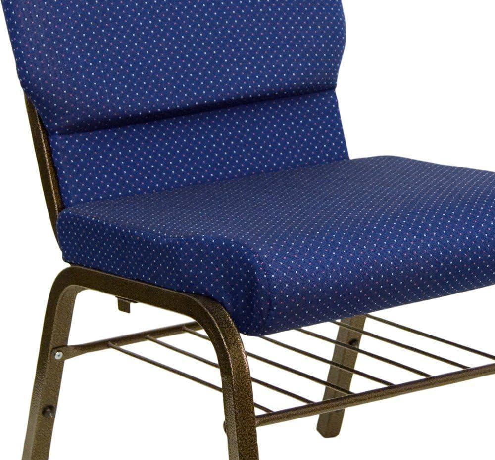 BizChair 18.5''W Church Chair in Navy Blue Patterned Fabric with Book Rack - Gold Vein Frame
