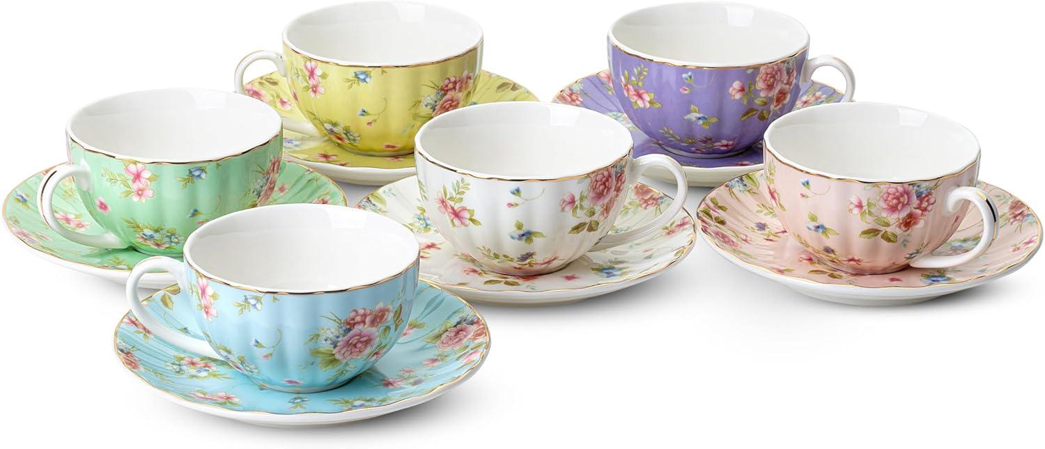 Pastel Floral Porcelain Tea Cups and Saucers Set of 6