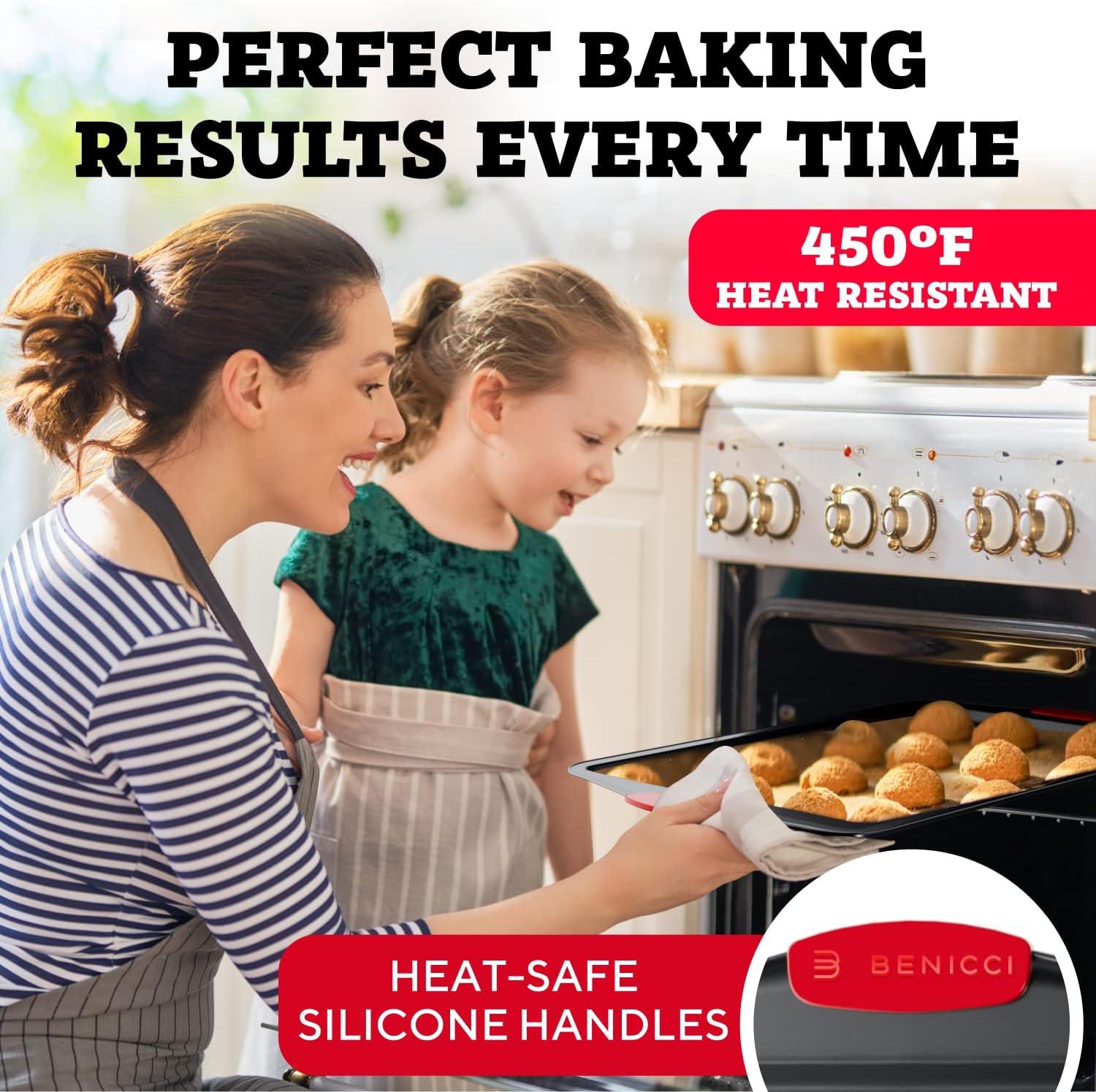 BPA Free Nonstick Baking Sheets w/ Silicone Handles in a Pack of 3 - Deluxe Cookie Sheets with Large, Medium & Small Bakeware Pans Lets You Bake The Perfect Cookie or Pastry Every Time