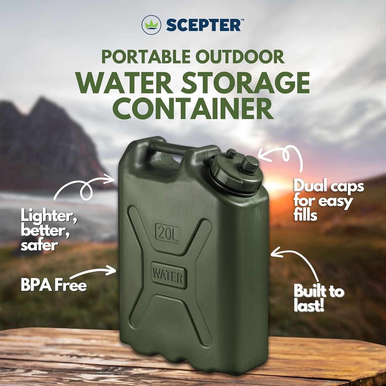 Scepter 5 Gallon Water Container, 20 Liter Portable Military Style Storage for Camping, Outdoors and Emergency, with BPA-Free Plastic, Green, 1 Pack