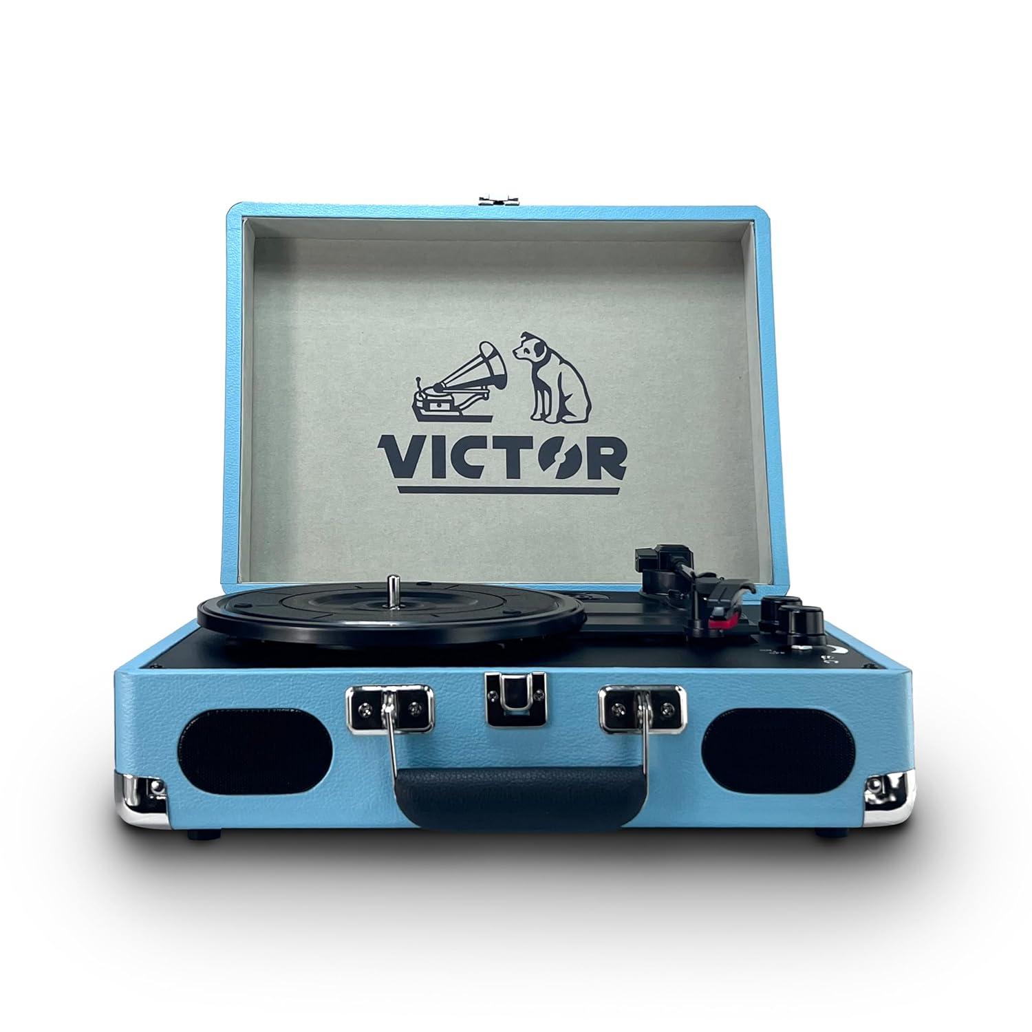 Victor Metro Plus Battery-Powered Bluetooth Suitcase Turntable | 3-Speed Vinyl Record Player with Built-in Stereo Speakers, Rechargeable Battery, RCA Output, Aux Input, and 45 RPM Adaptor, VSRP-850B