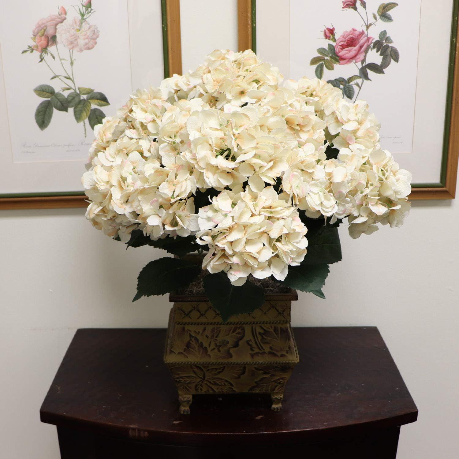 Beige Silk Hydrangea Bush with Adjustable Stems and Green Leaves