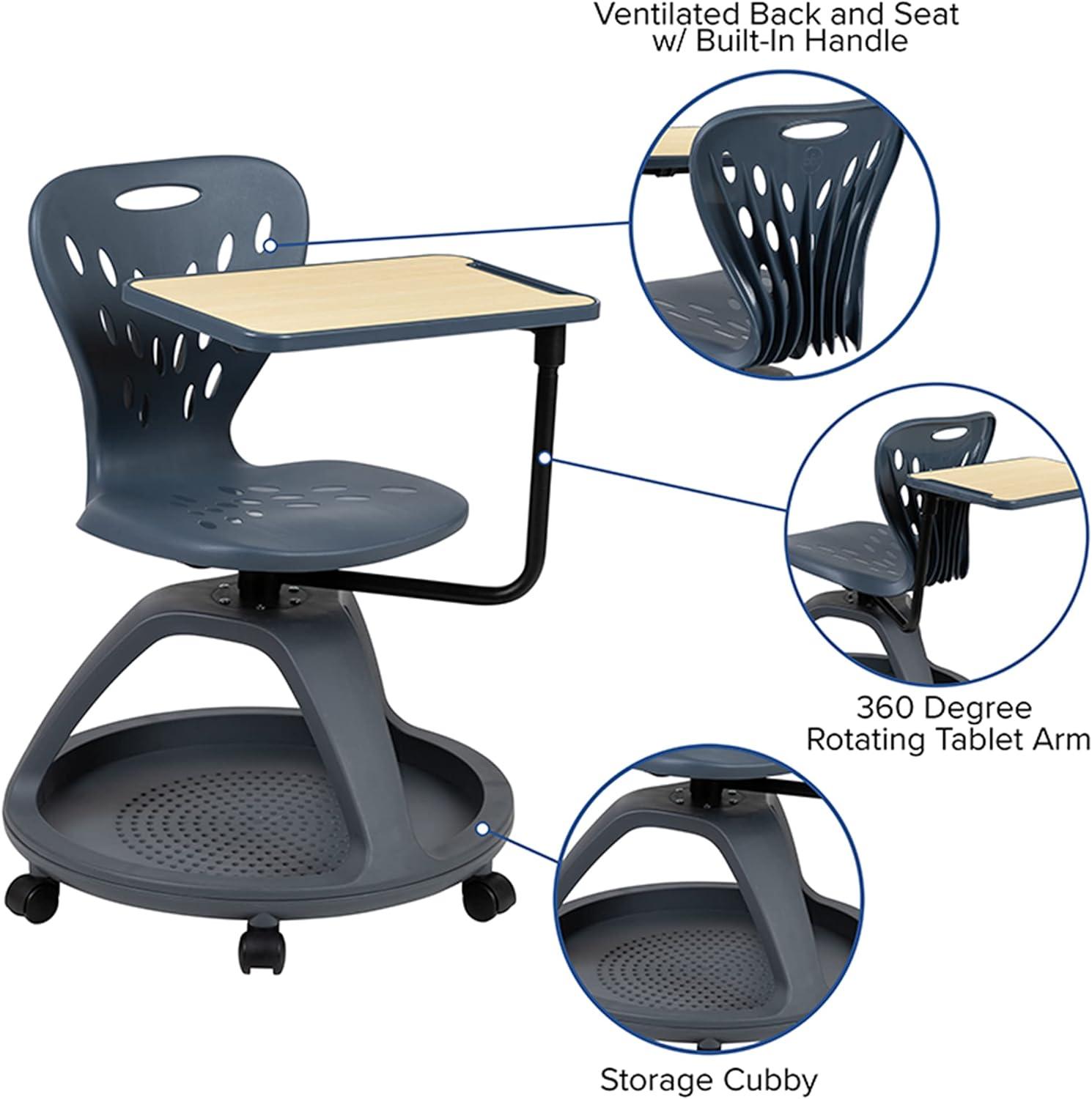 Versatile Gray Mobile Desk Chair with Tablet Arm and Storage