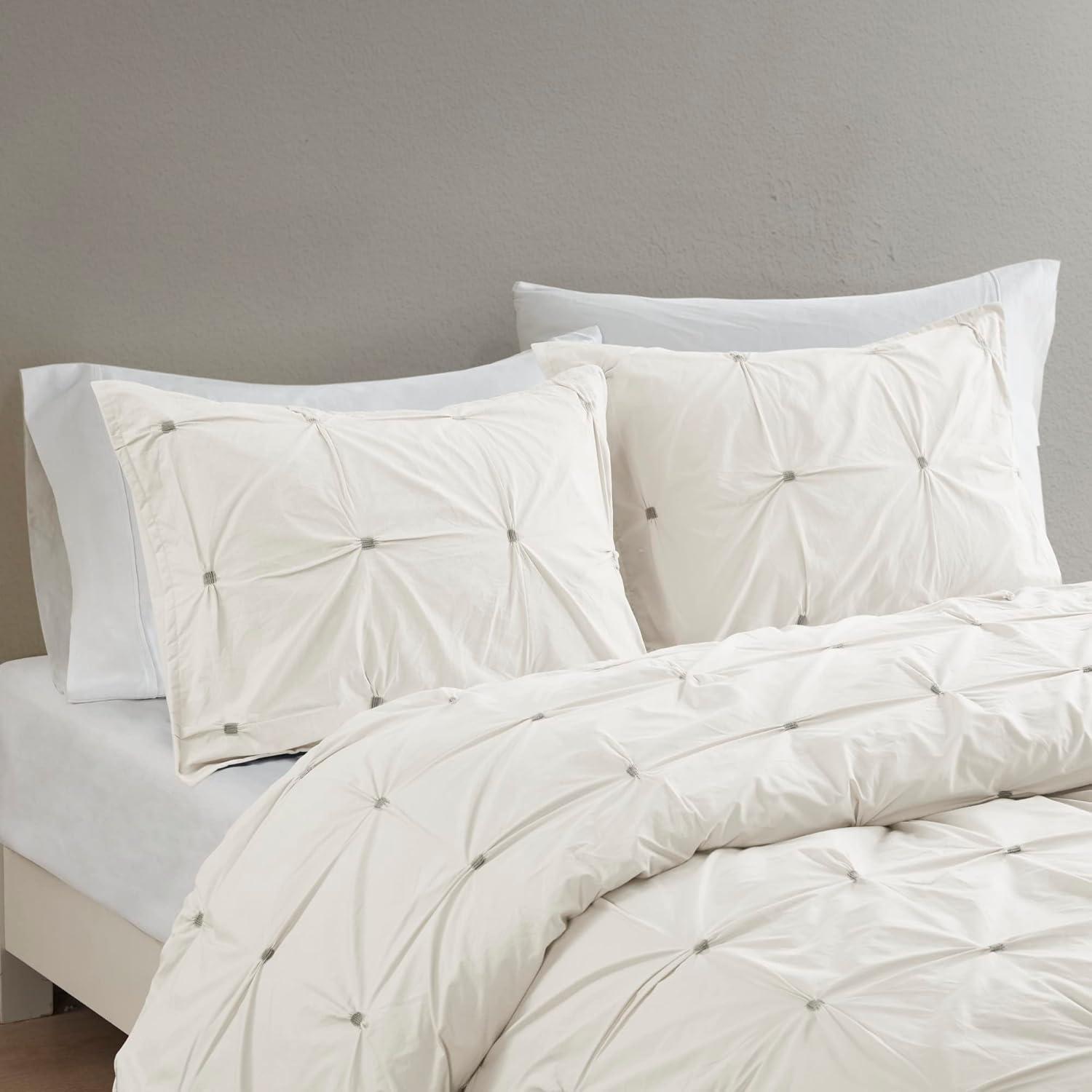 King White Cotton Embroidered Comforter Set with Shams