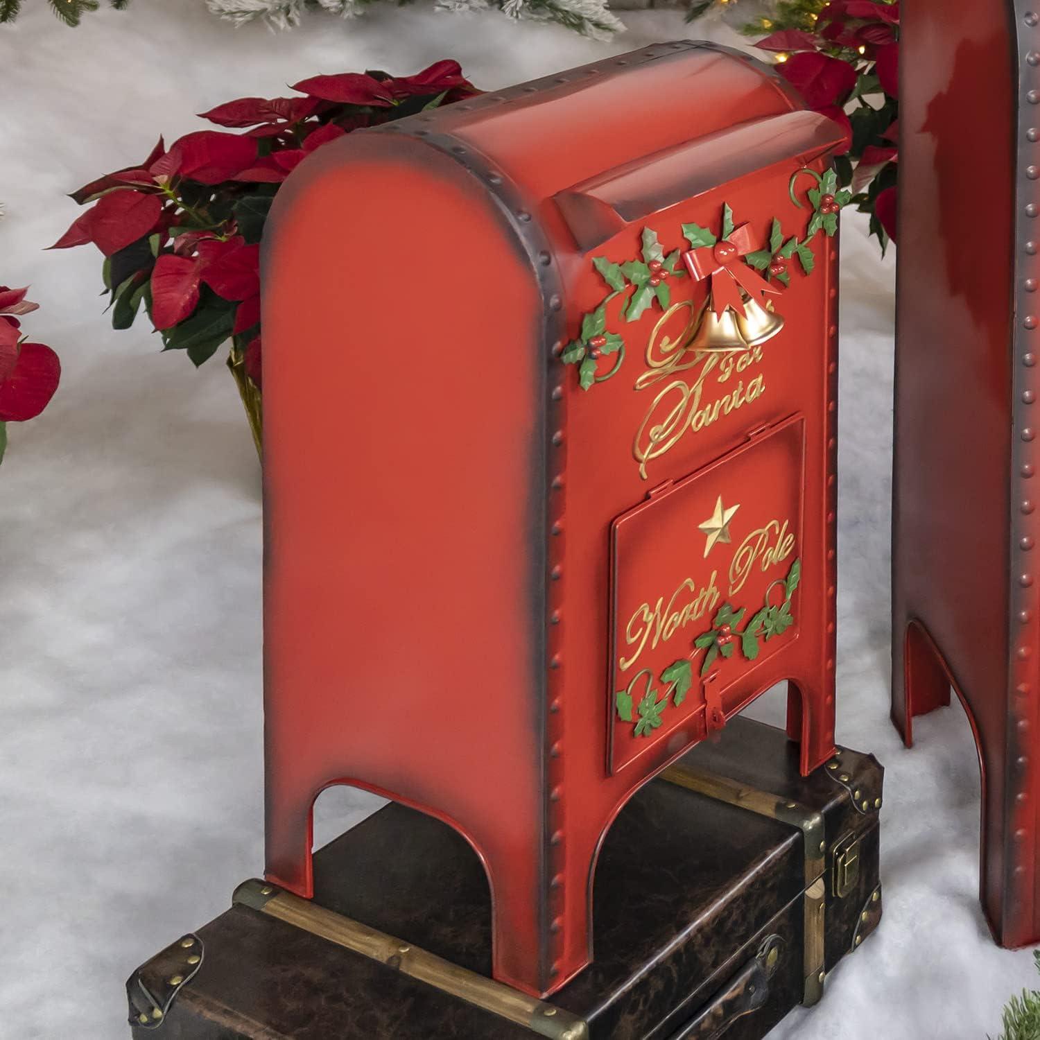 Life-Size Red Iron Christmas Mailbox Set with Lockable Doors