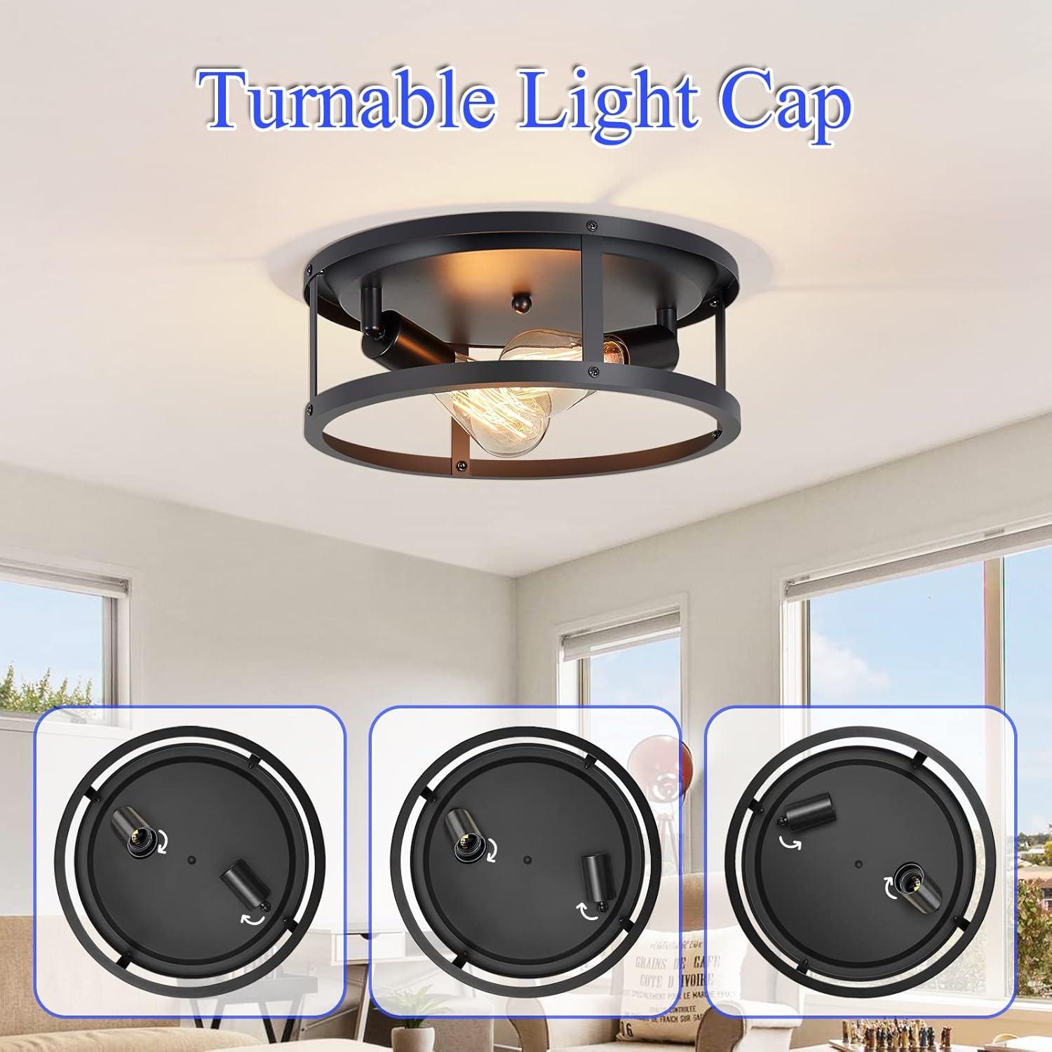 2-Light Industrial Flush Mount Ceiling Light Fixture,Black Farmhouse Ceiling Light Fixture,Modern Flush Mount Light Fixture for Kitchen Bedroom Living Room Hallway 2 Pack