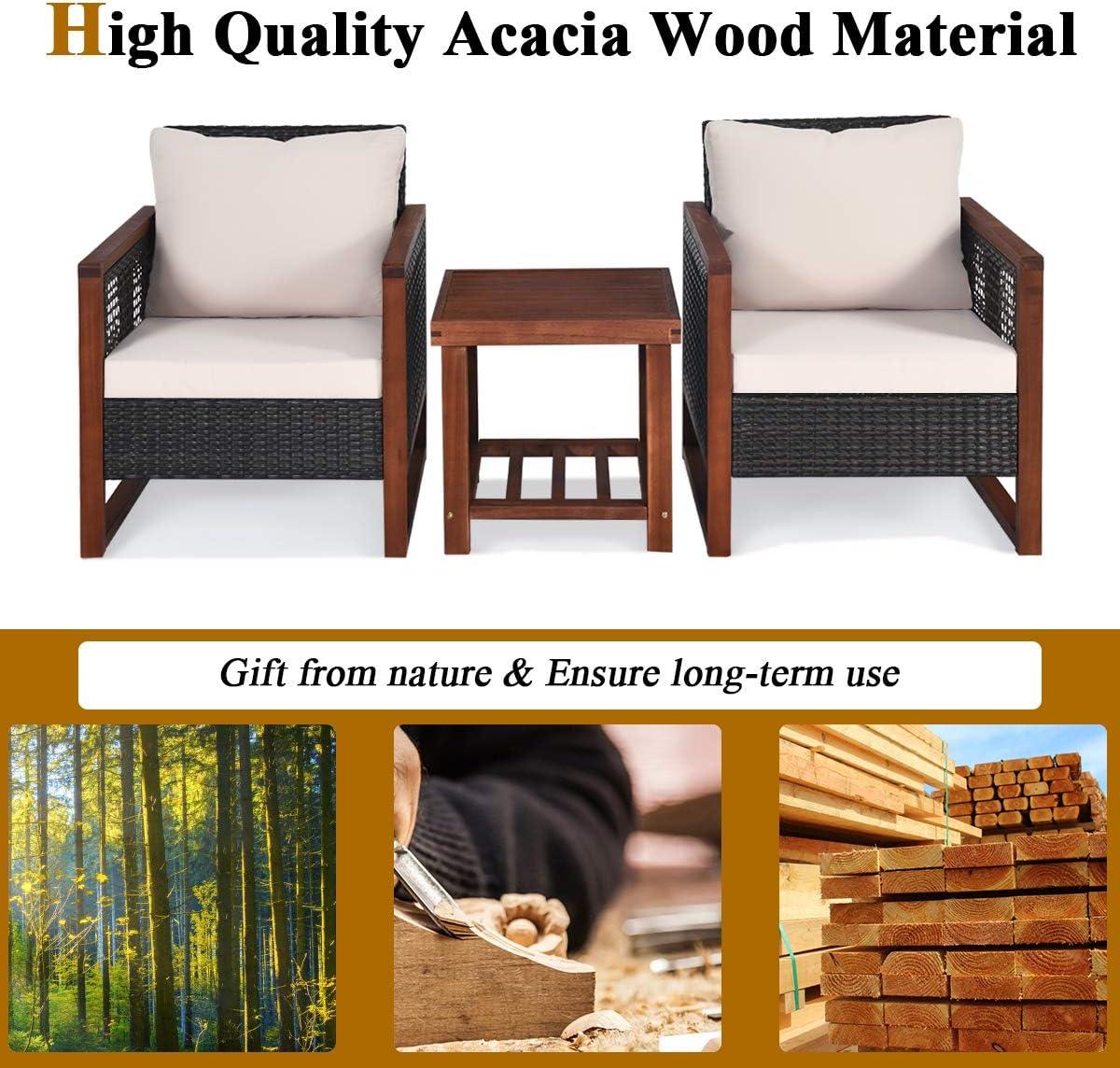 Tangkula 3-Piece Patio Rattan Wicker Bistro Set Acacia Wood Frame Sofa and Side Table