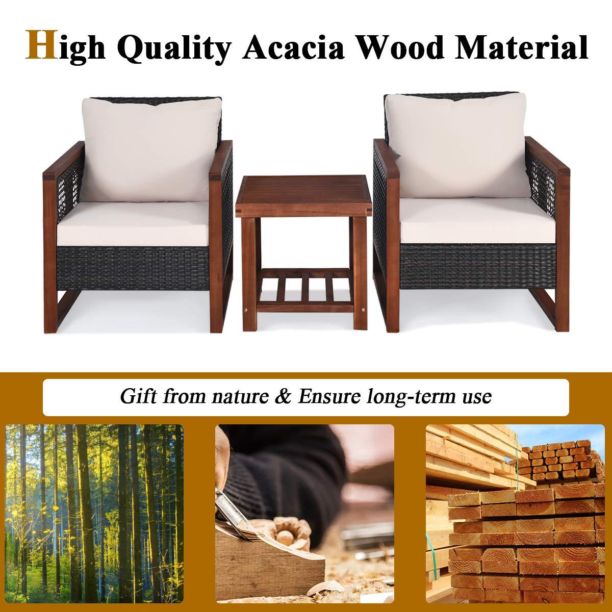 Tangkula 3-Piece Patio Rattan Wicker Bistro Set Acacia Wood Frame Sofa and Side Table