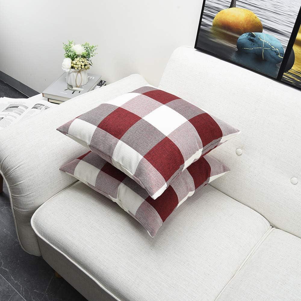 Set of 2 Farmhouse Buffalo Check Plaid Throw Pillow Covers Cushion Case Polyester Linen for Christmas Home Decor Red and White, 18 x 18 Inches