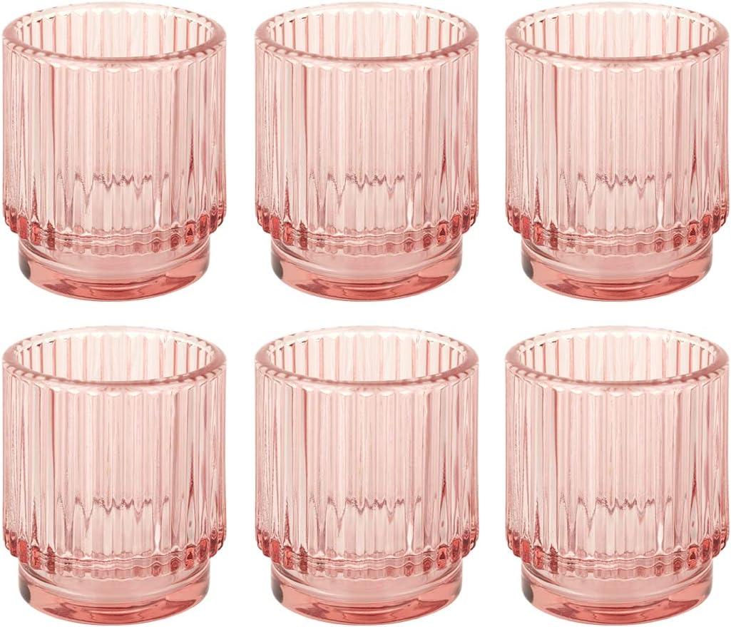 Koyal Wholesale Blush Pink Ribbed Candle Holders, Set of 6