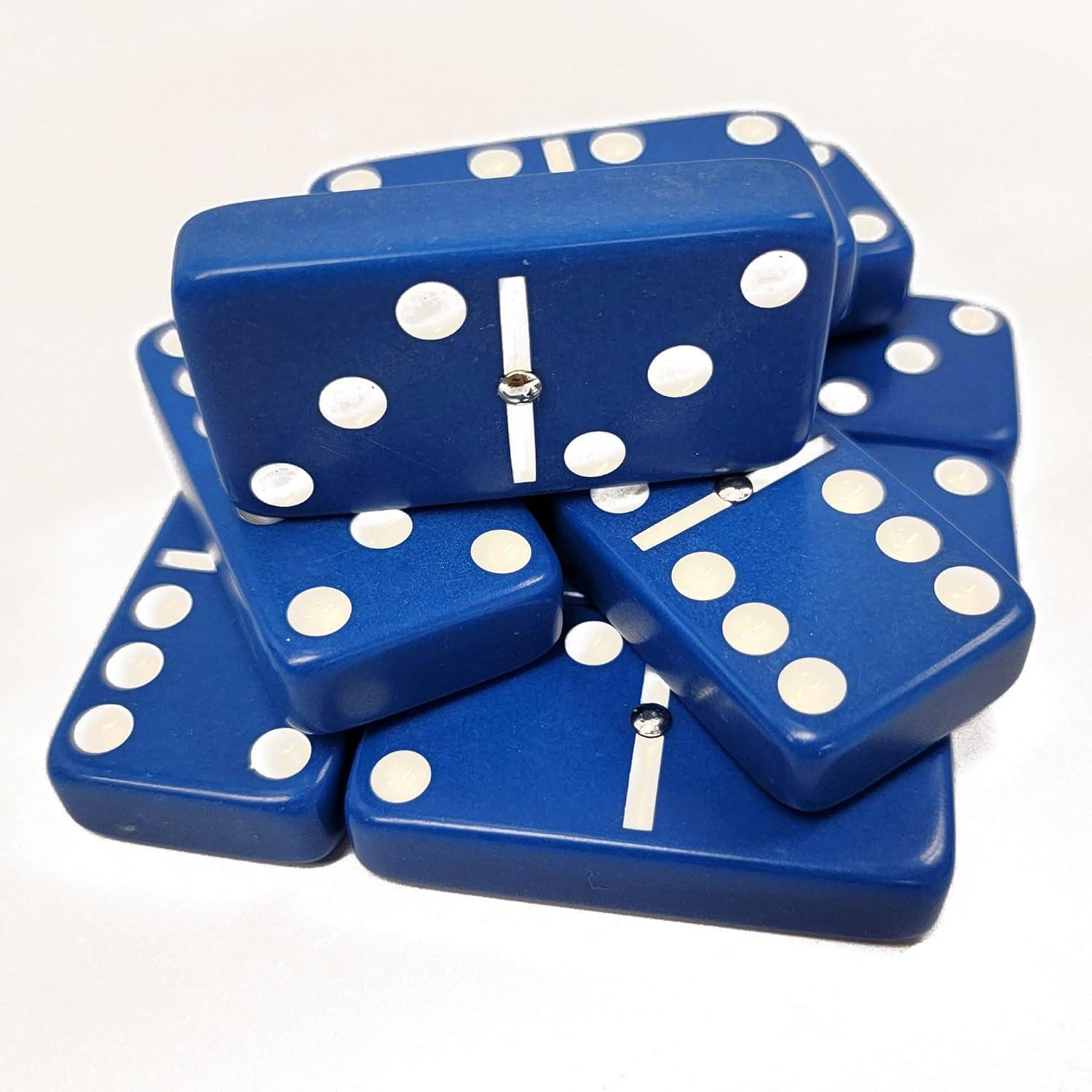 Blue Jumbo Tournament Domino Set with Spinners and Velvet Bag