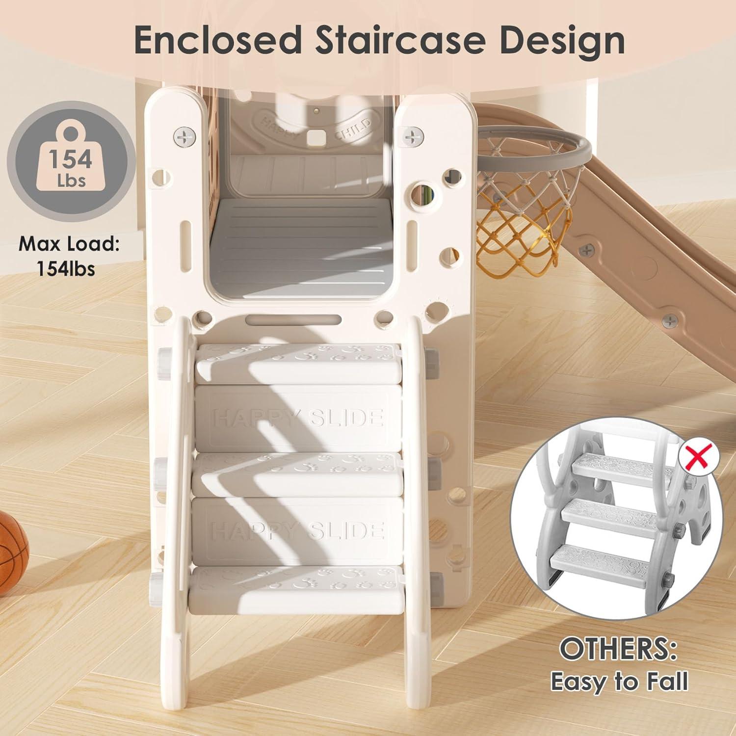 Beige and White 10-in-1 Toddler Slide Playset with Basketball Hoop