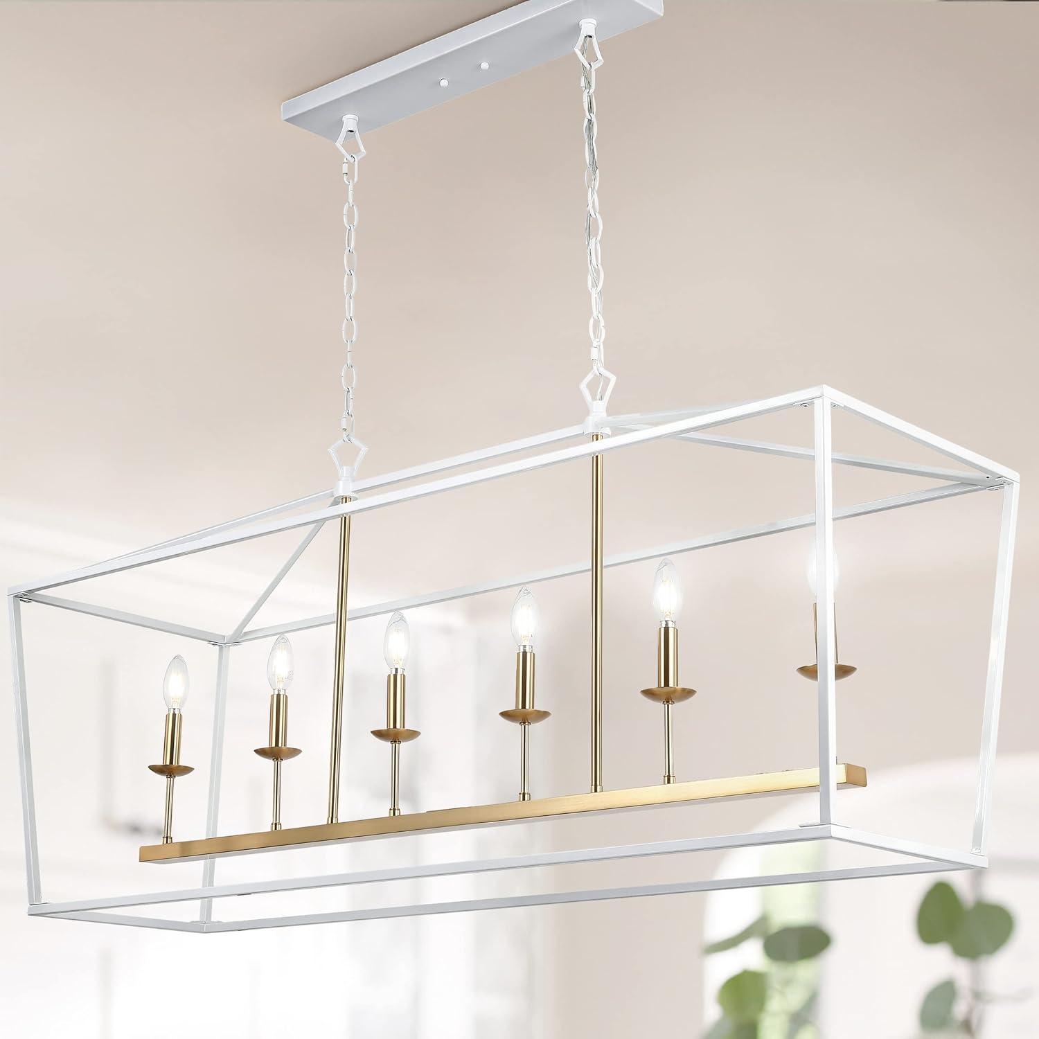 JONATHAN  Y Pagoda 49" Metal Linear Classic Traditional 6 -Light White Farmhouse Lantern Large Hanging Kitchen island light