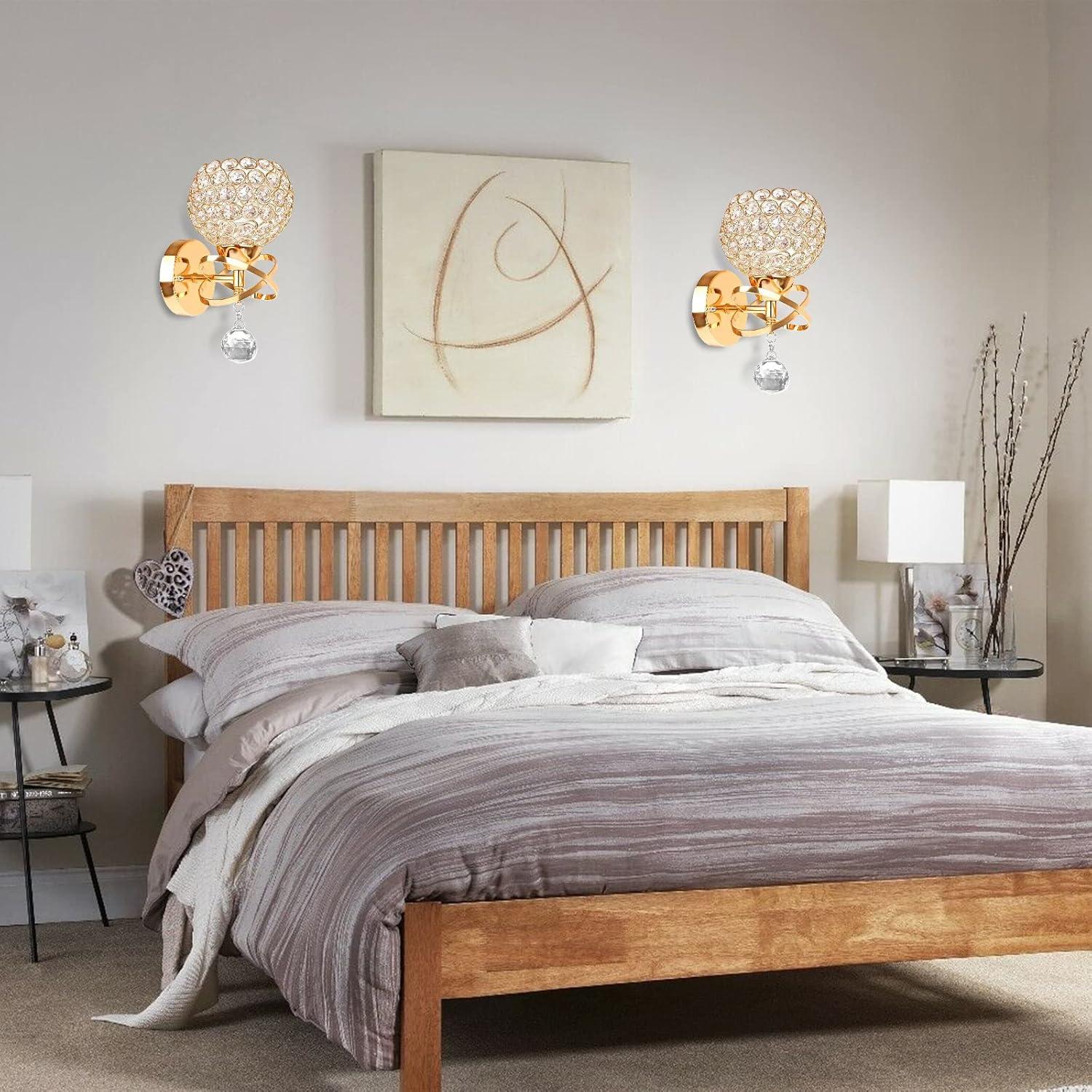 Gold Wall Sconces Set of Two, Modern Crystal Wall Light with E26 Socket Hardwired Sconces Wall Lighting Bedside Wall Lamp Crystal Decor Wall Mount Light Fixture for Living room, Bedroom, Hallway