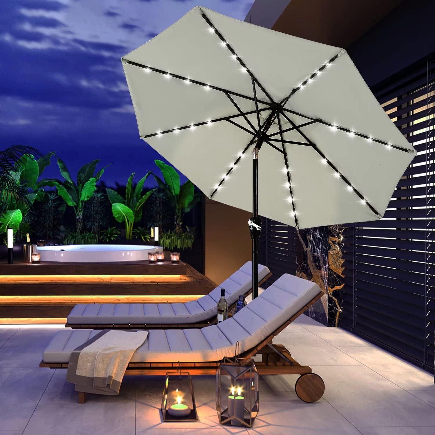 7.5FT Light Beige Solar LED Patio Umbrella with Aluminum Frame