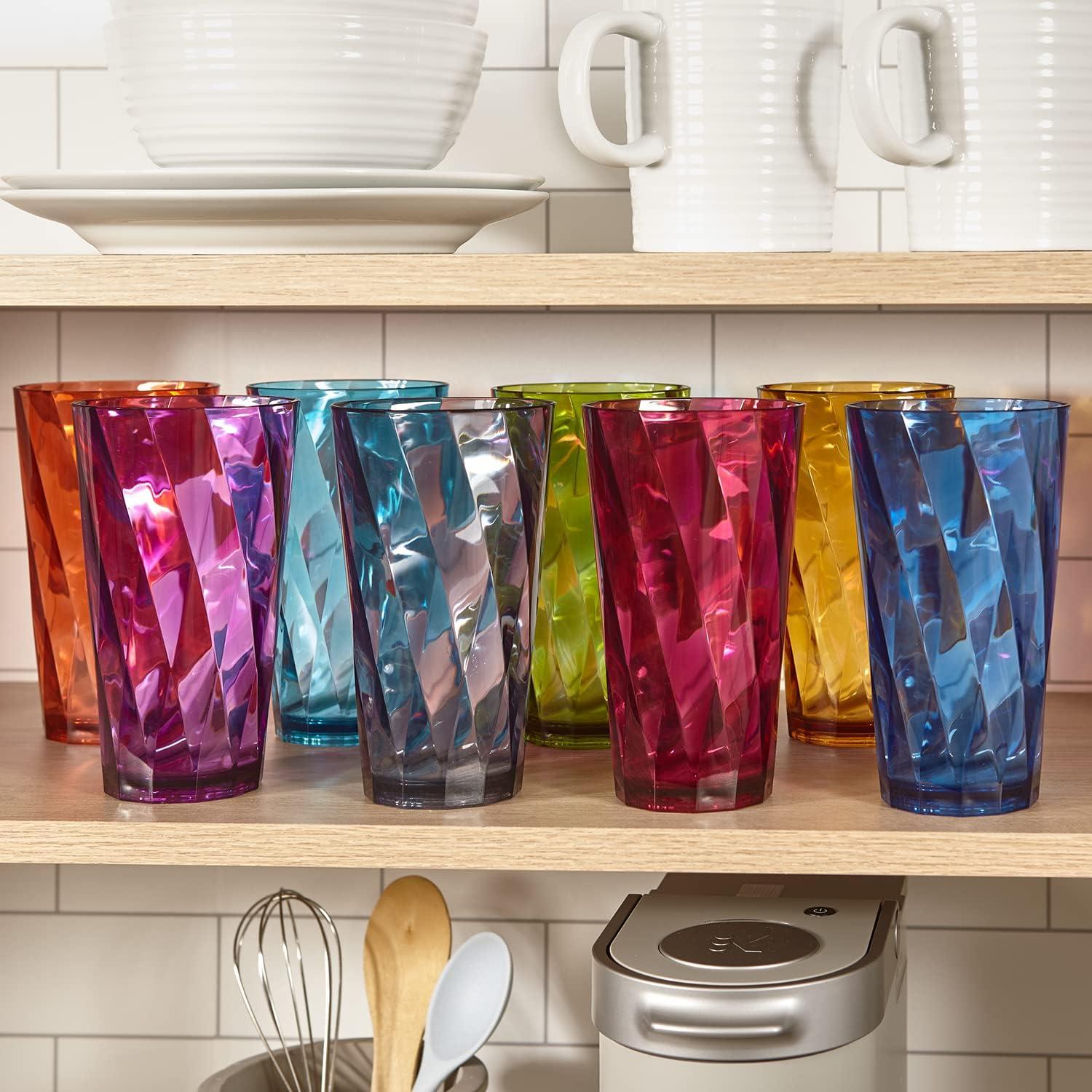 Jewel Tone Rainbow Plastic Drinking Glasses Set of 8, 20oz