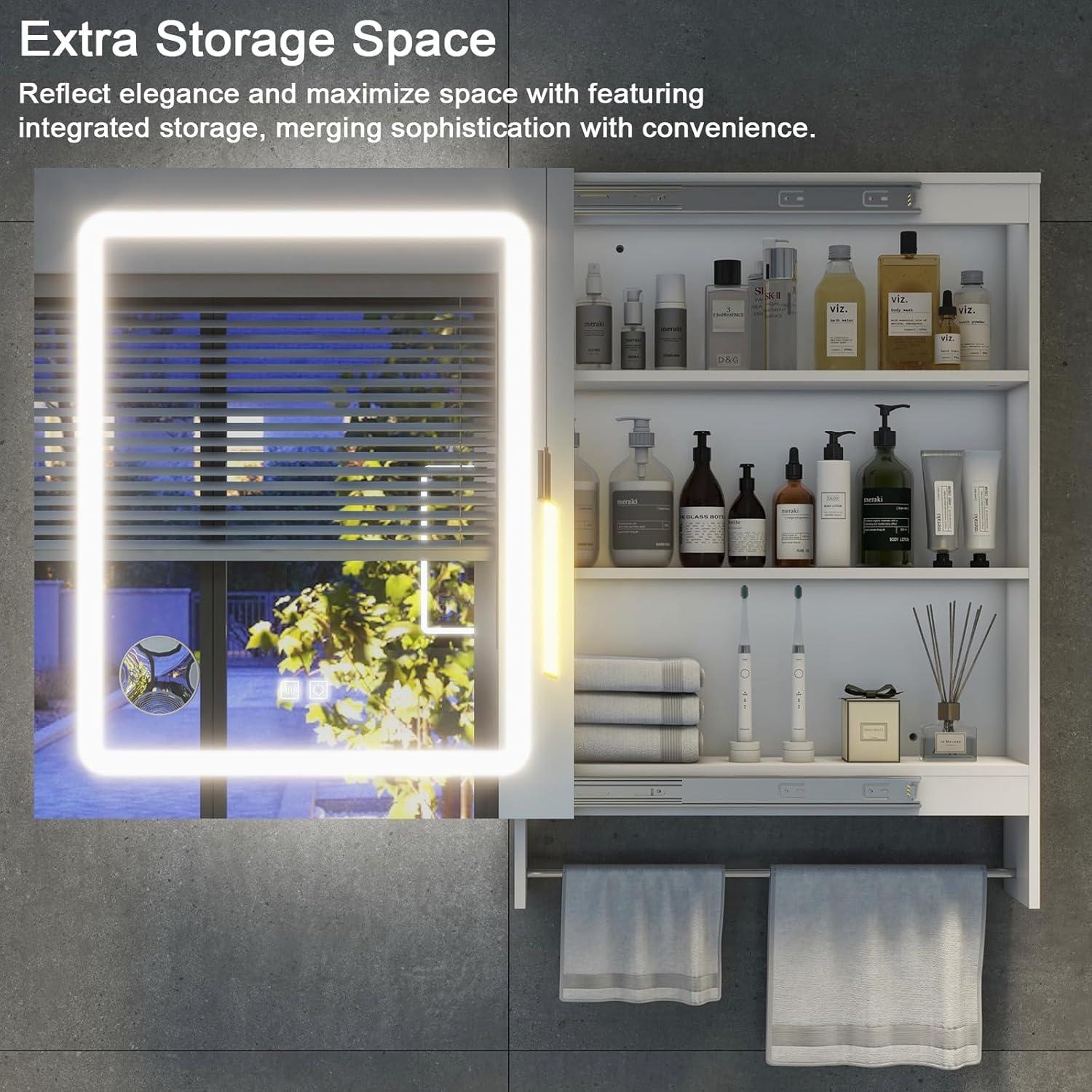 White LED Bathroom Mirror with Triple-Tier Storage and Towel Bar